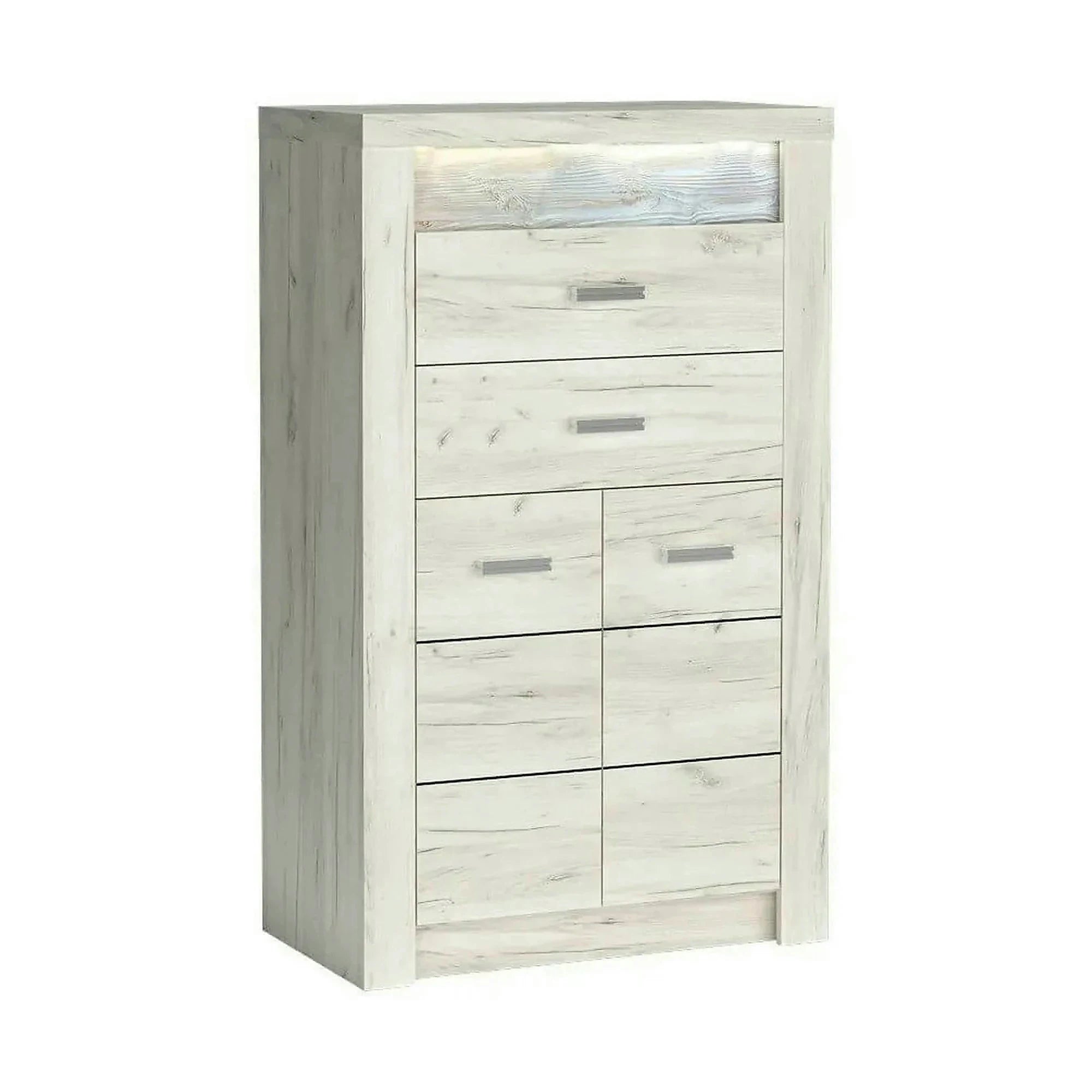 Comoda INDIANAPOLIS I6, stejar craft alb, PAL laminat, cu 2 sertare, 2 usi si iluminare led, 76x42x127 cm