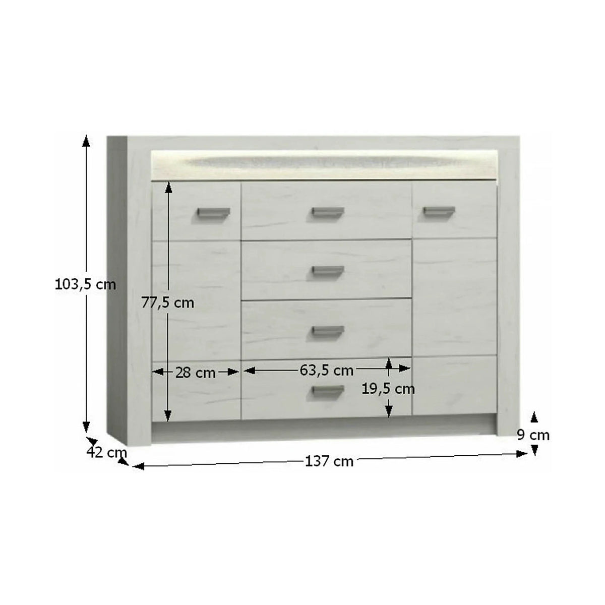 Comoda INFINITY 07, frasin alb, PAL melaminat, 137x42x104 cm