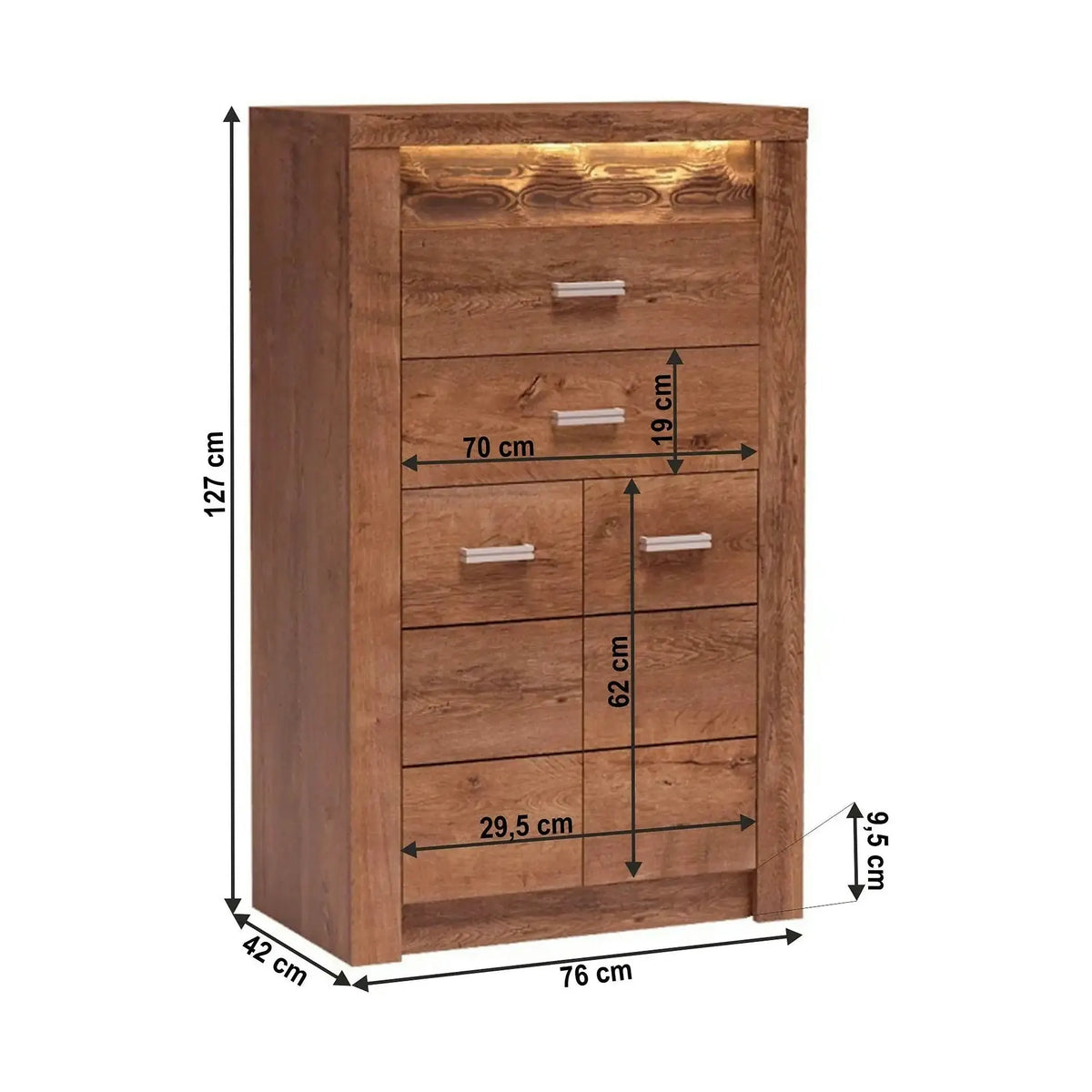 Comoda INFINITY I-06, frasin deschis, PAL melaminat, cu iluminare LED, 76x42x127 cm