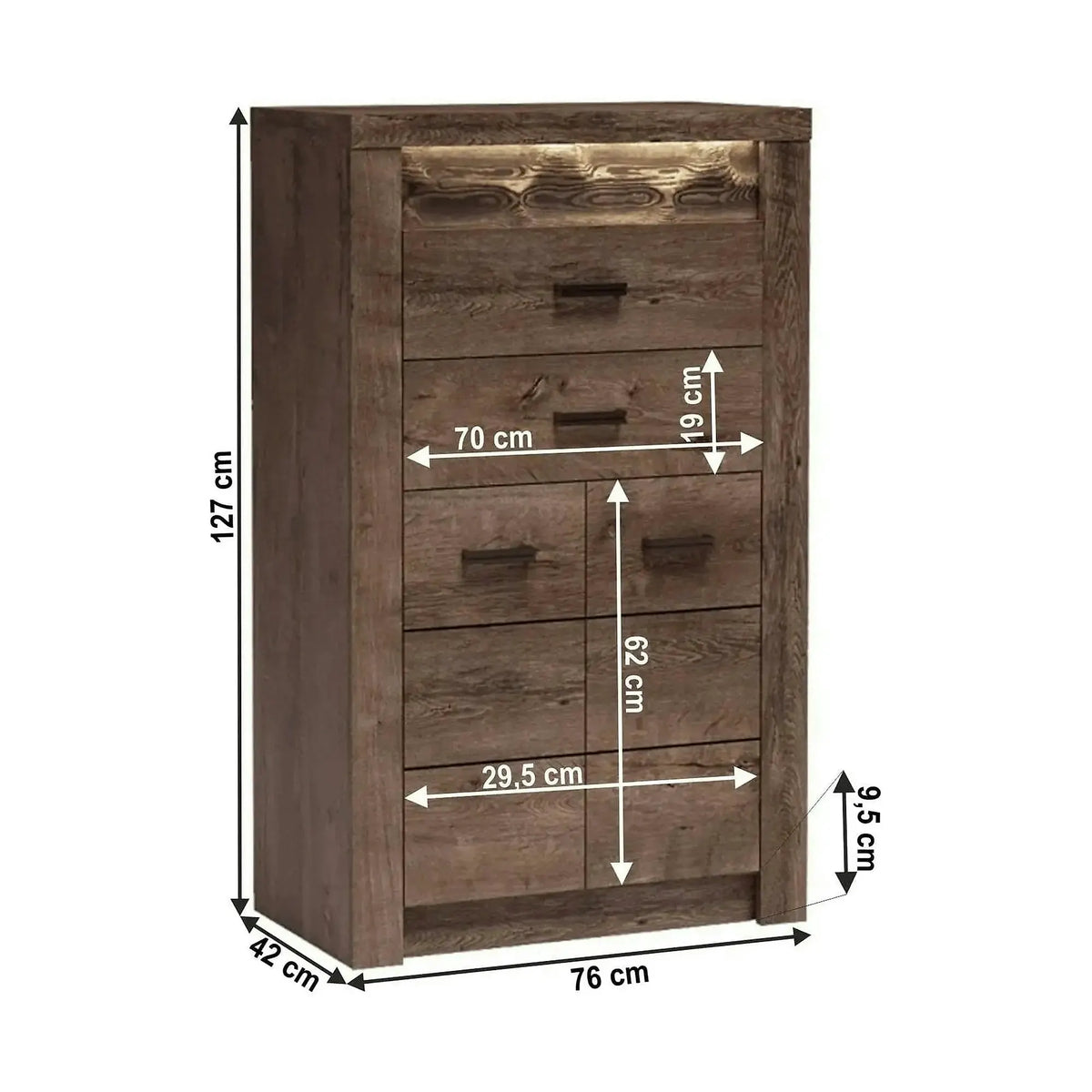 Comoda INFINITY I-06, frasin inchis, PAL melaminat, cu iluminare LED, 76x42x127 cm