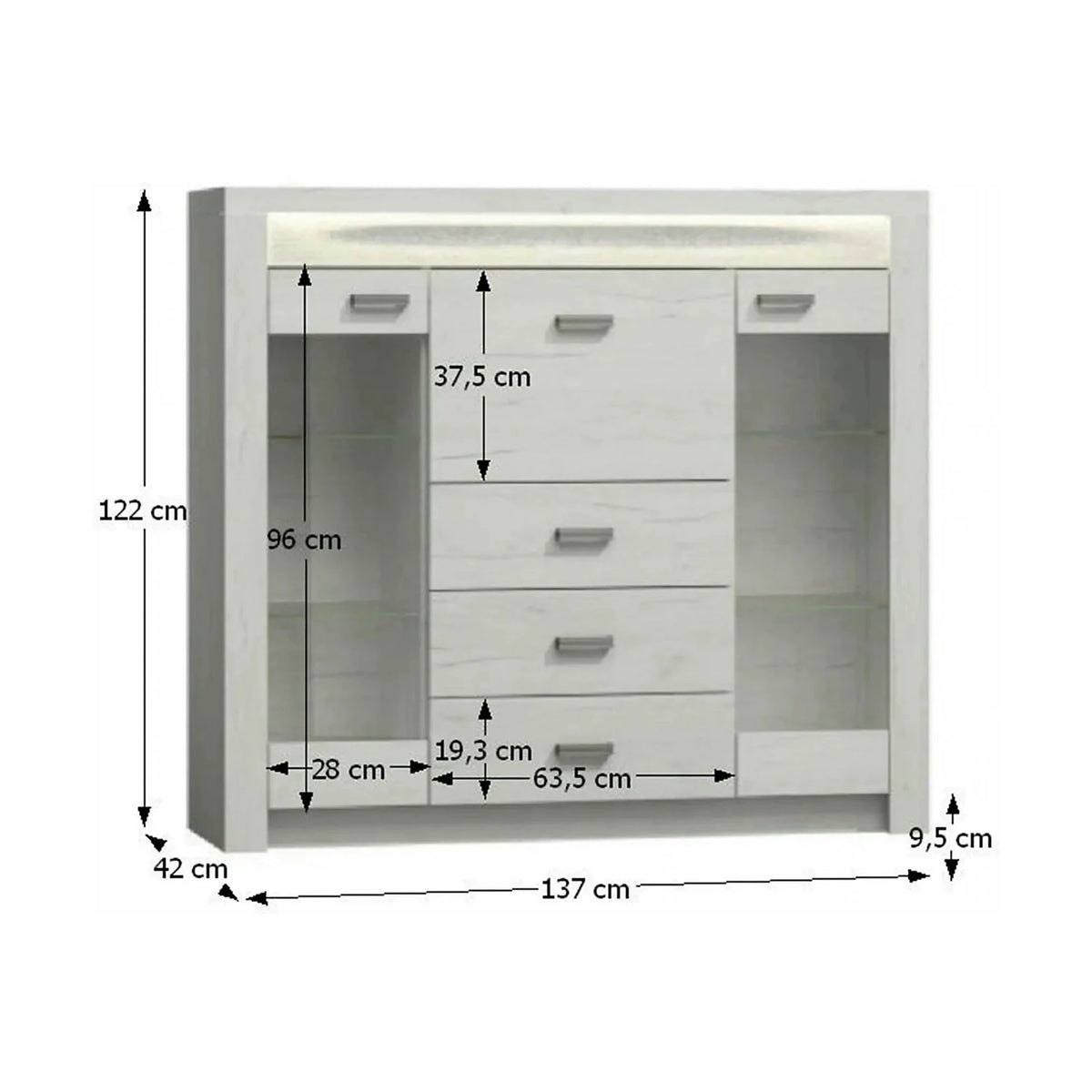 Comoda INFINITY I-08, frasin alb, PAL melaminat, 137x42x122 cm