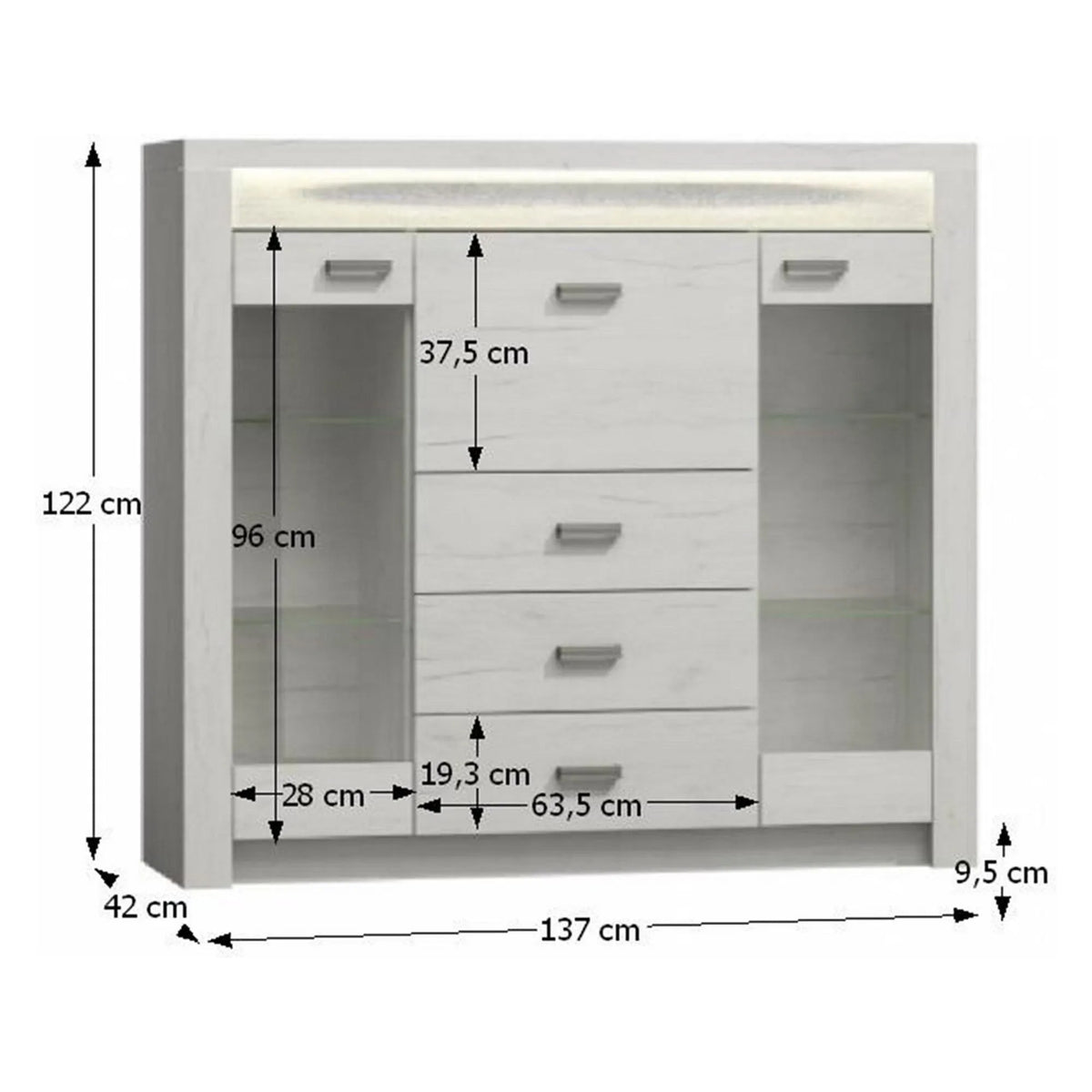 Comoda INFINITY I-08, frasin alb, PAL melaminat, 137x42x122 cm