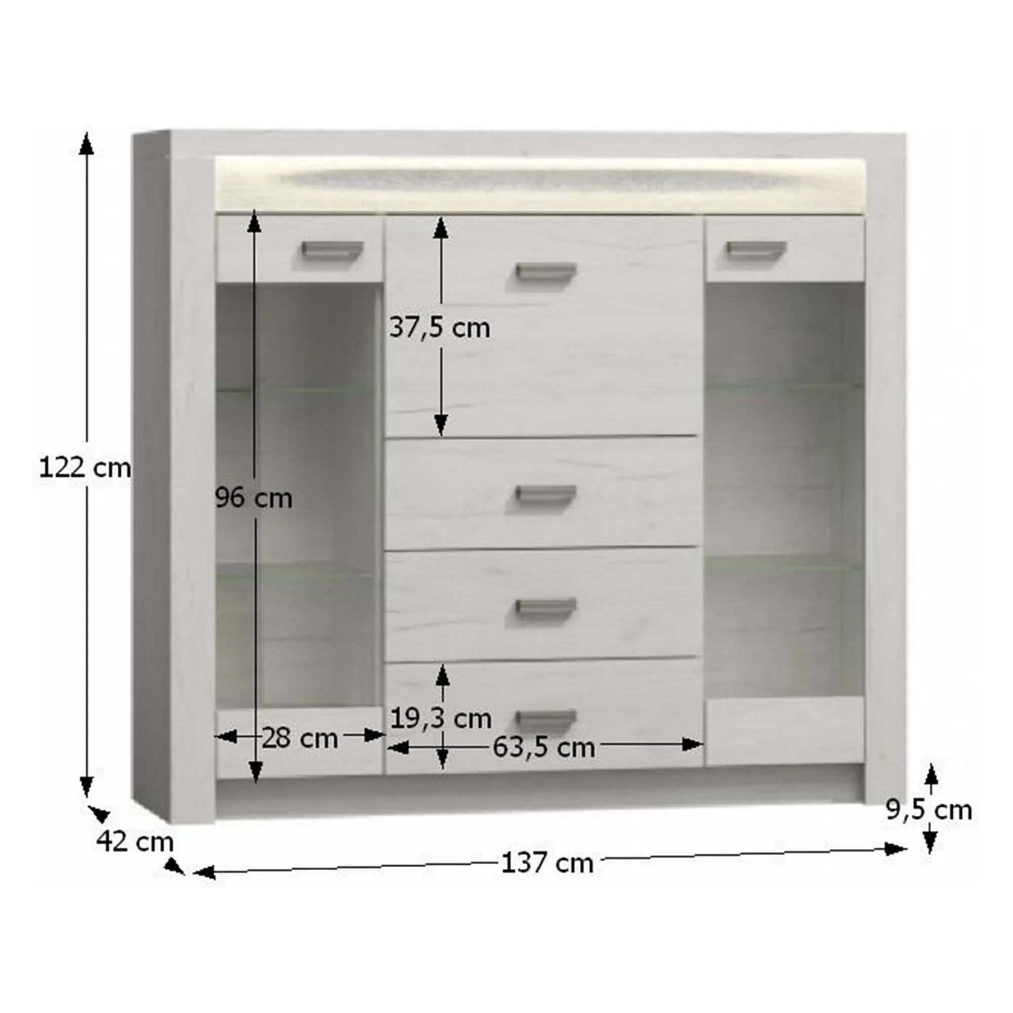 Comoda INFINITY I-08, frasin alb, PAL melaminat, 137x42x122 cm