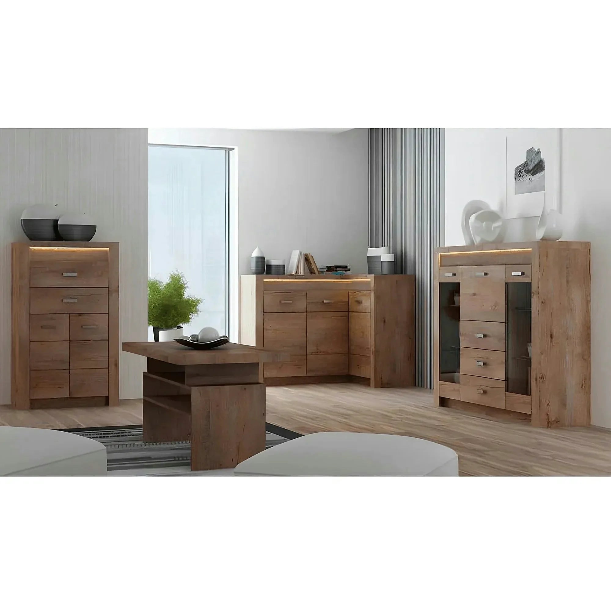 Comoda INFINITY I-08, frasin deschis, PAL melaminat, 137x42x122 cm