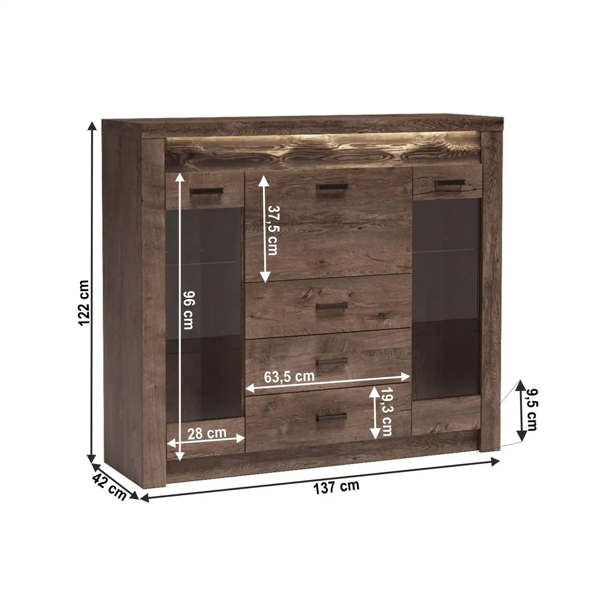 Comoda INFINITY I-08, frasin inchis, PAL melaminat, 137x42x122 cm