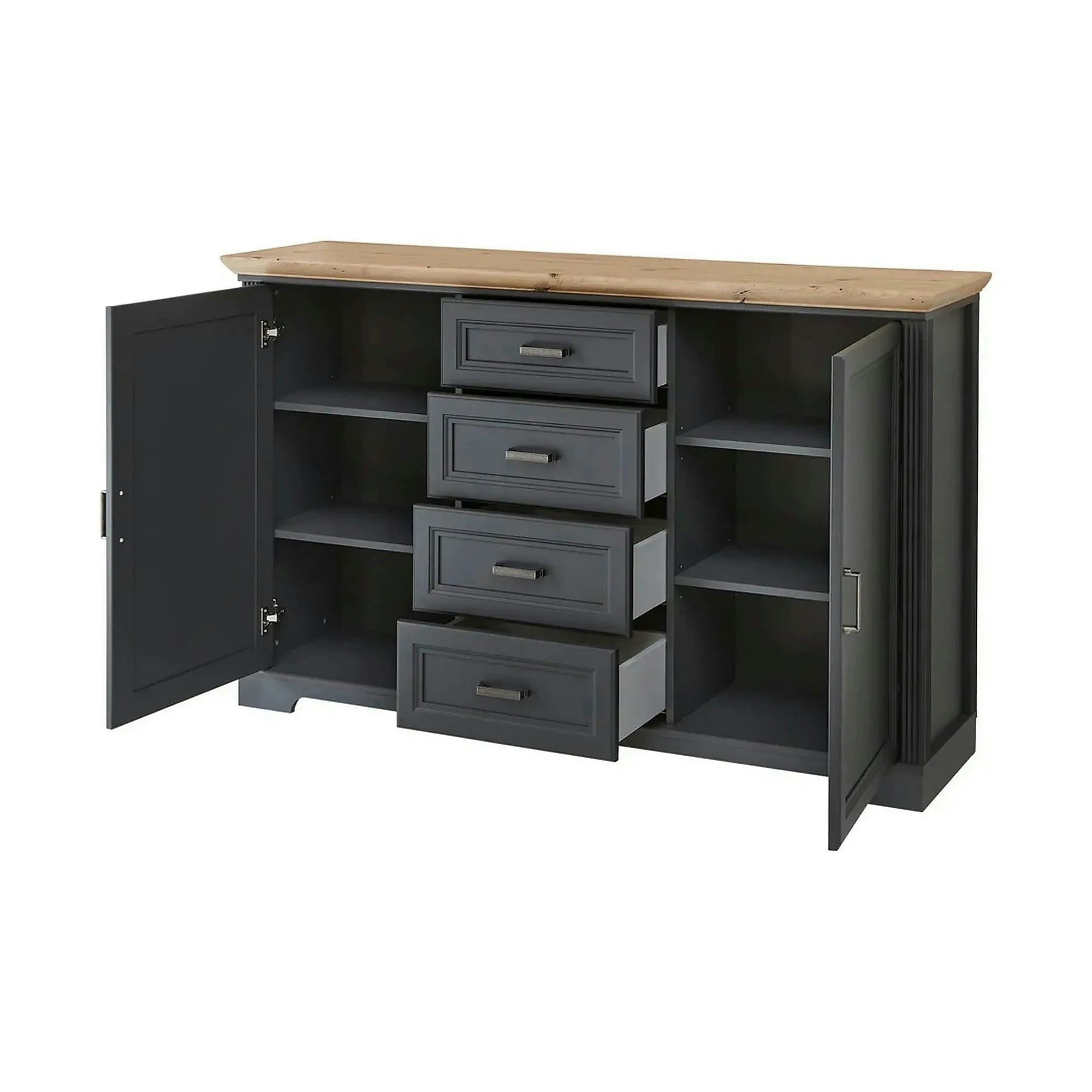 Comoda JASMIN, gri grafit/stejar artisan, PAL, cu 2 usi si 4 sertare, 165x41x102 cm