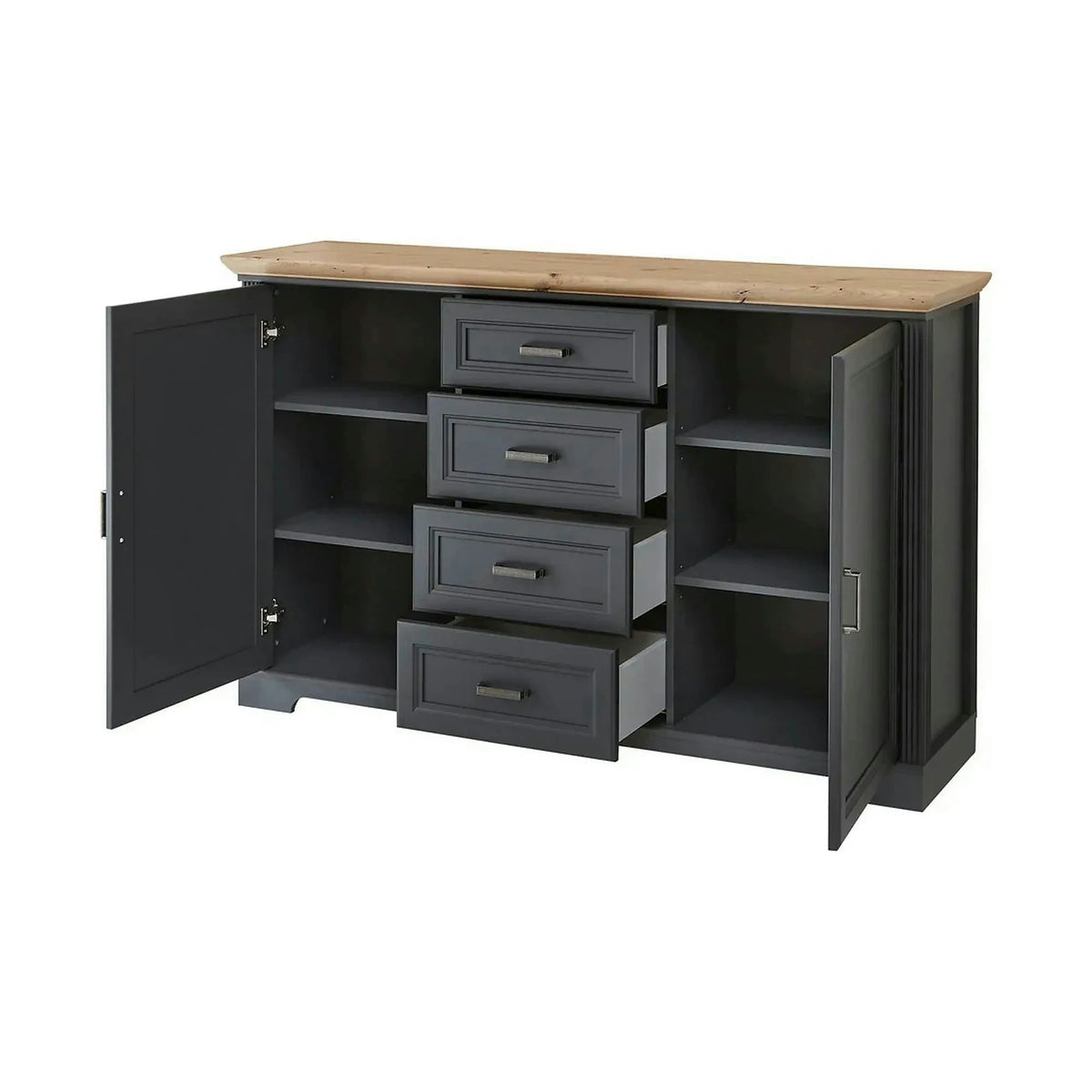 Comoda JASMIN, gri grafit/stejar artisan, PAL, cu 2 usi si 4 sertare, 165x41x102 cm