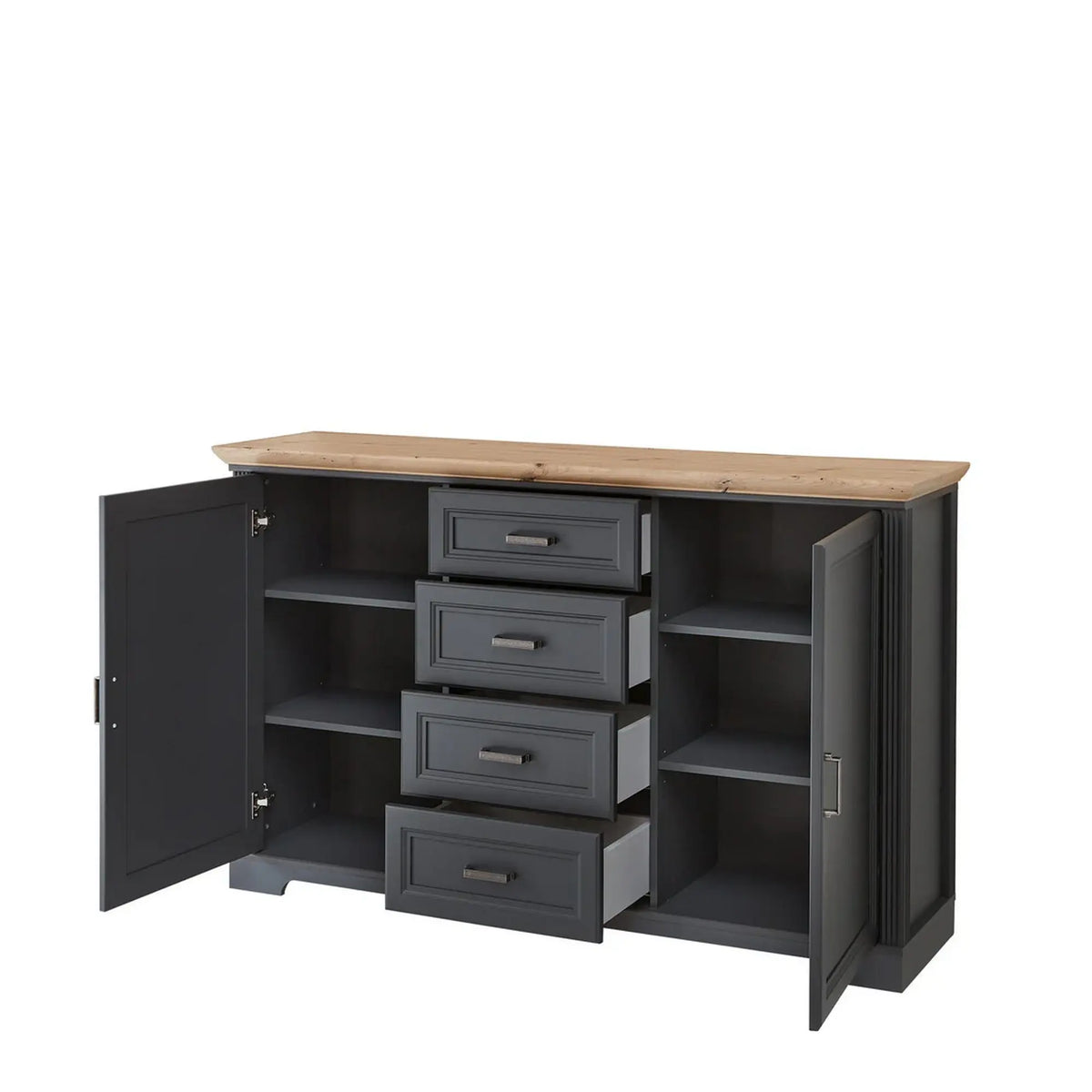 Comoda JASMIN, gri grafit/stejar artisan, PAL, cu 2 usi si 4 sertare, 165x41x102 cm