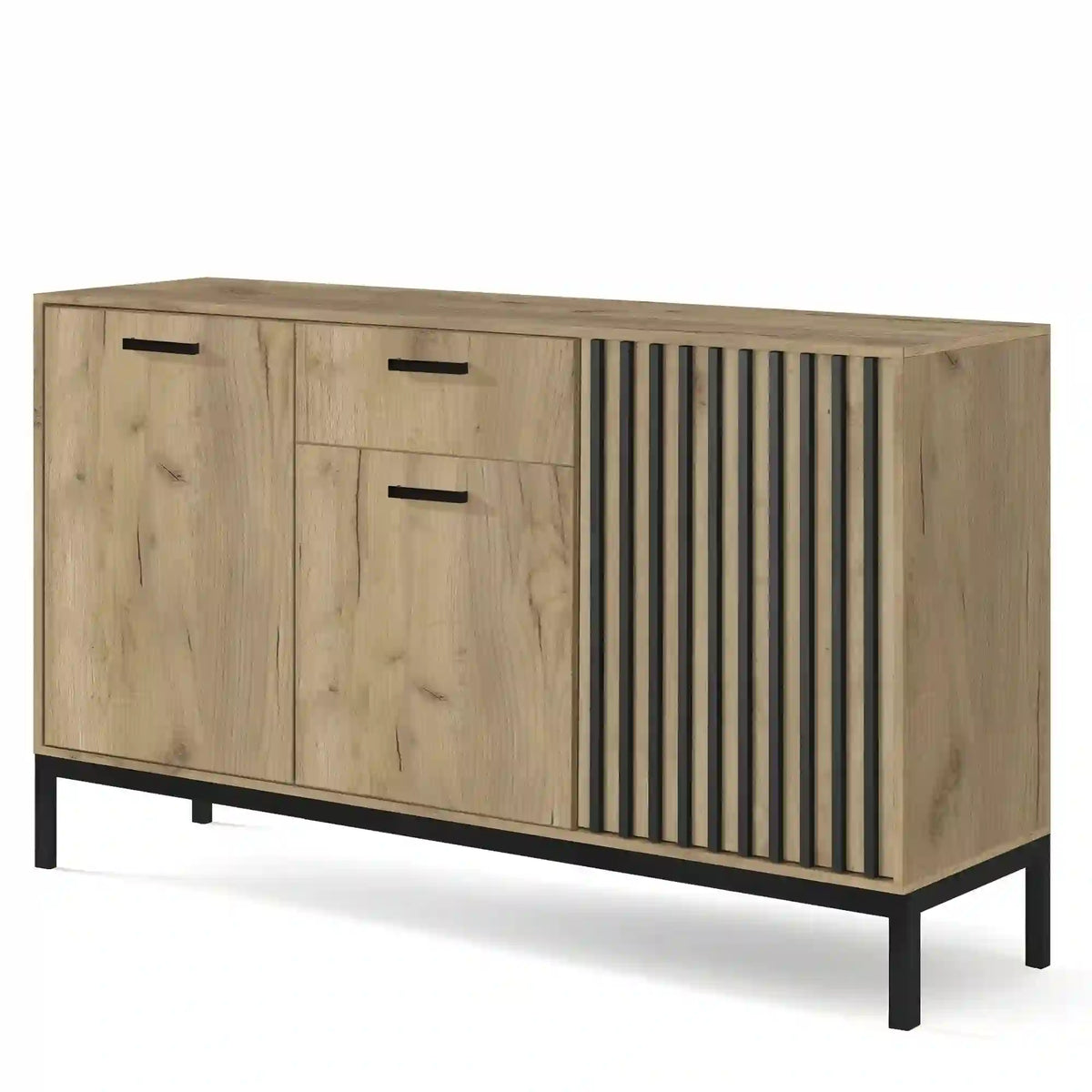 Comoda LAMINO KM-1, stejar/negru, PAL laminat/polipropilena, 154x40x84 cm