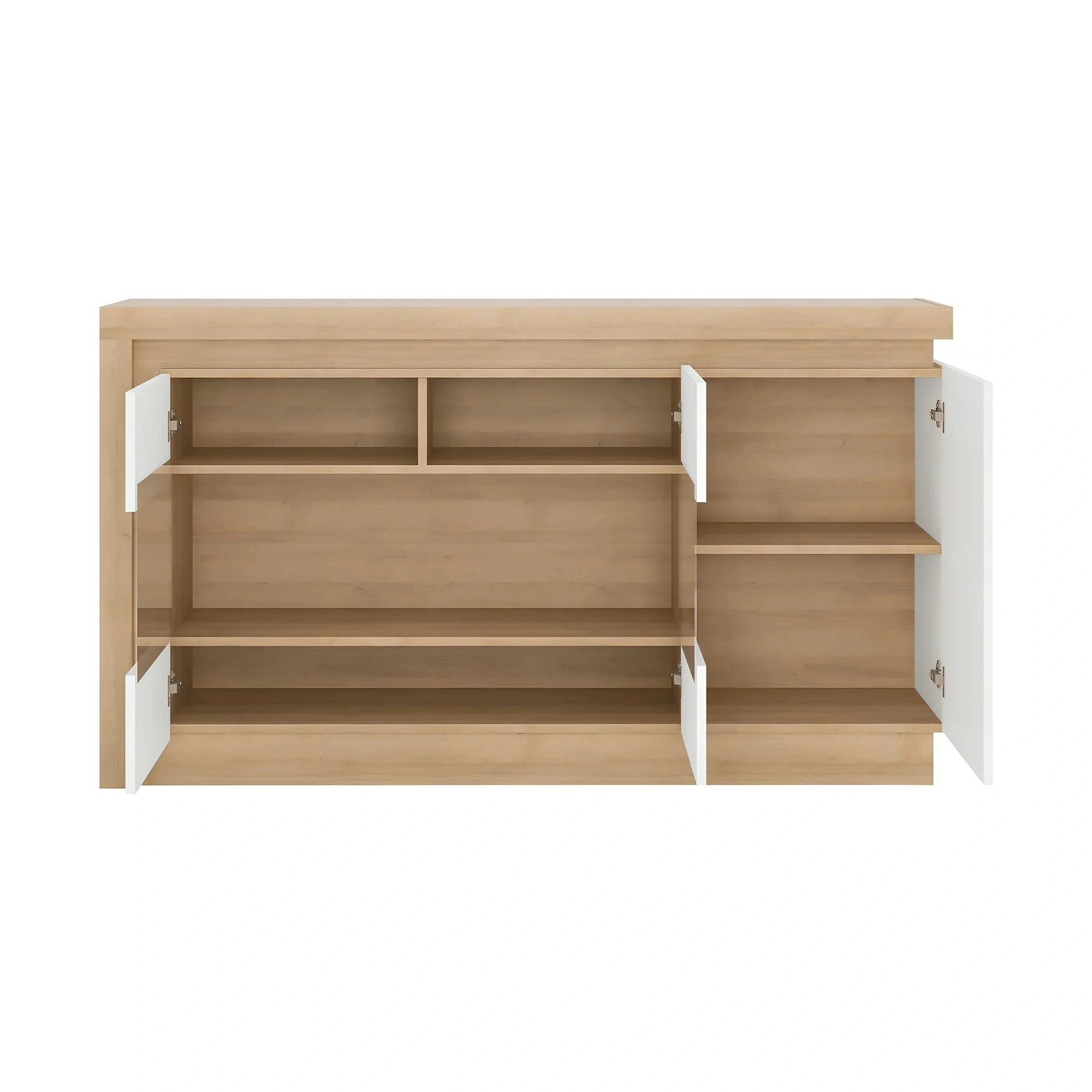 Comoda LEONARDO LYOK02, stejar riviera/alb lucios, PAL melaminat, cu iluminare LED, 158x42x89 cm