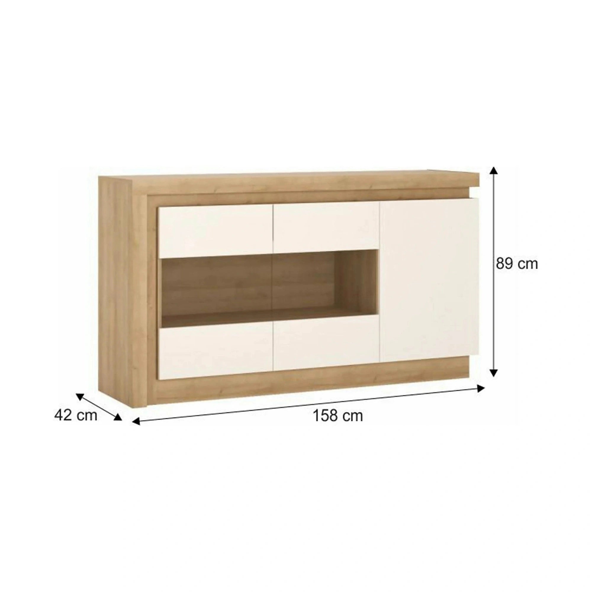 Comoda LEONARDO LYOK02, stejar riviera/alb lucios, PAL melaminat, cu iluminare LED, 158x42x89 cm