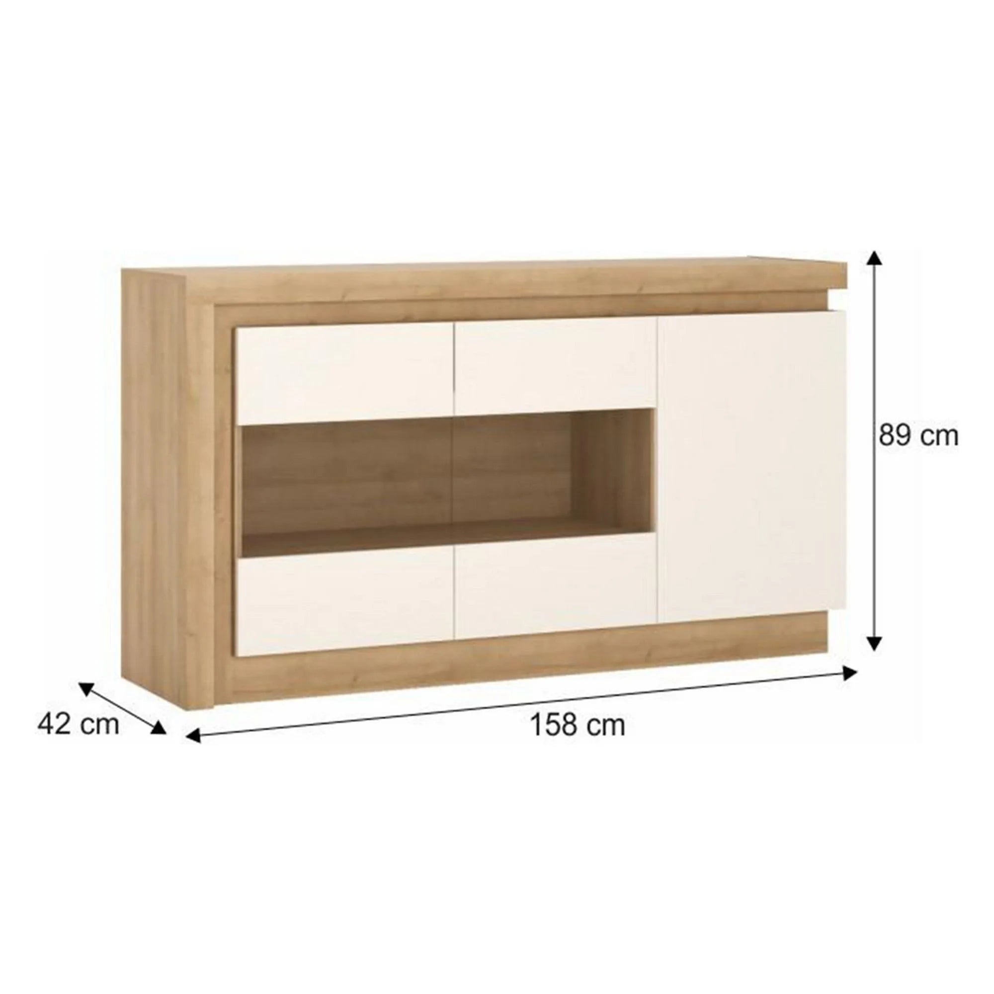 Comoda LEONARDO LYOK02, stejar riviera/alb lucios, PAL melaminat, cu iluminare LED, 158x42x89 cm
