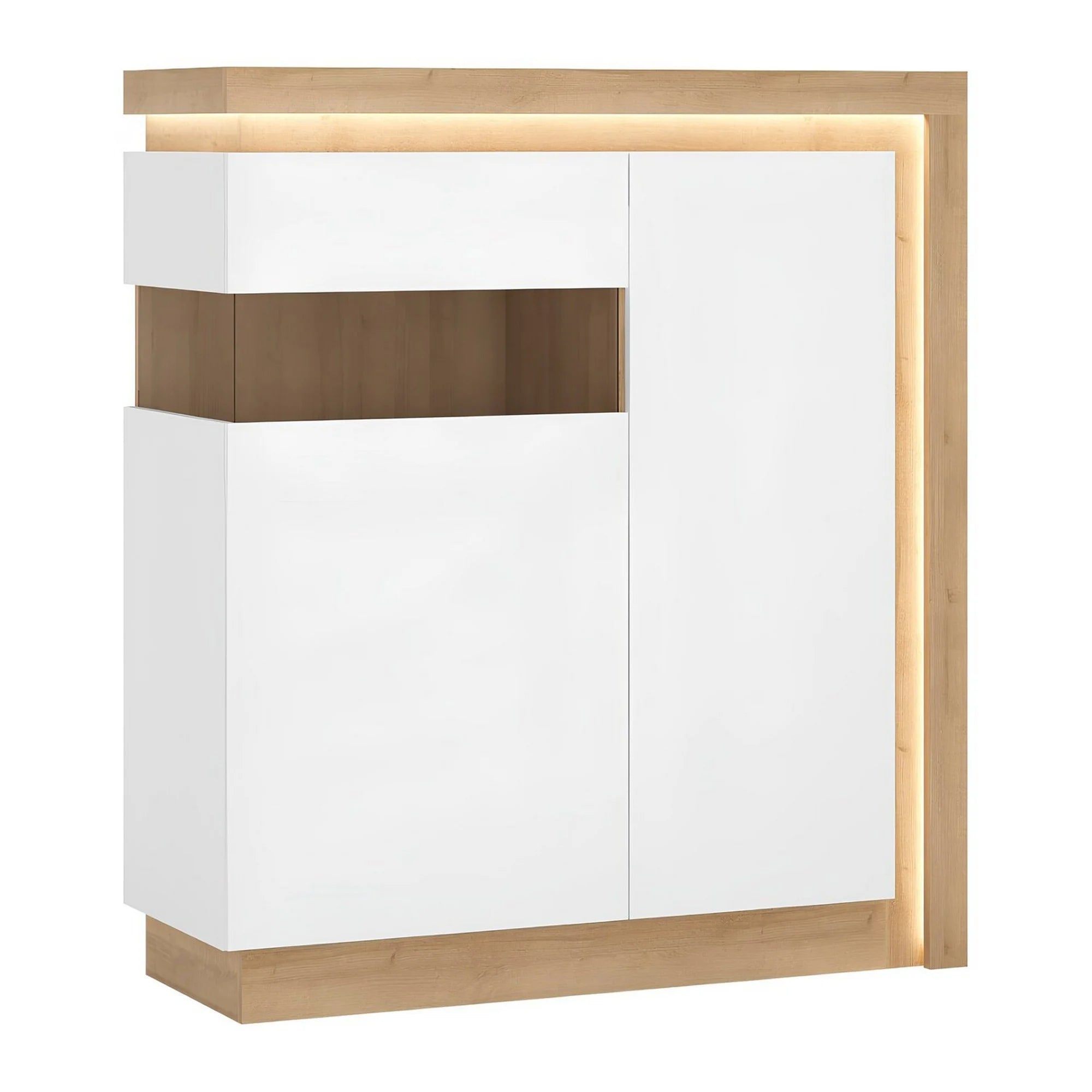 Comoda LEONARDO LYOV04L, DTD laminat, stejar riviera/alb lucios, 107x42x124 cm