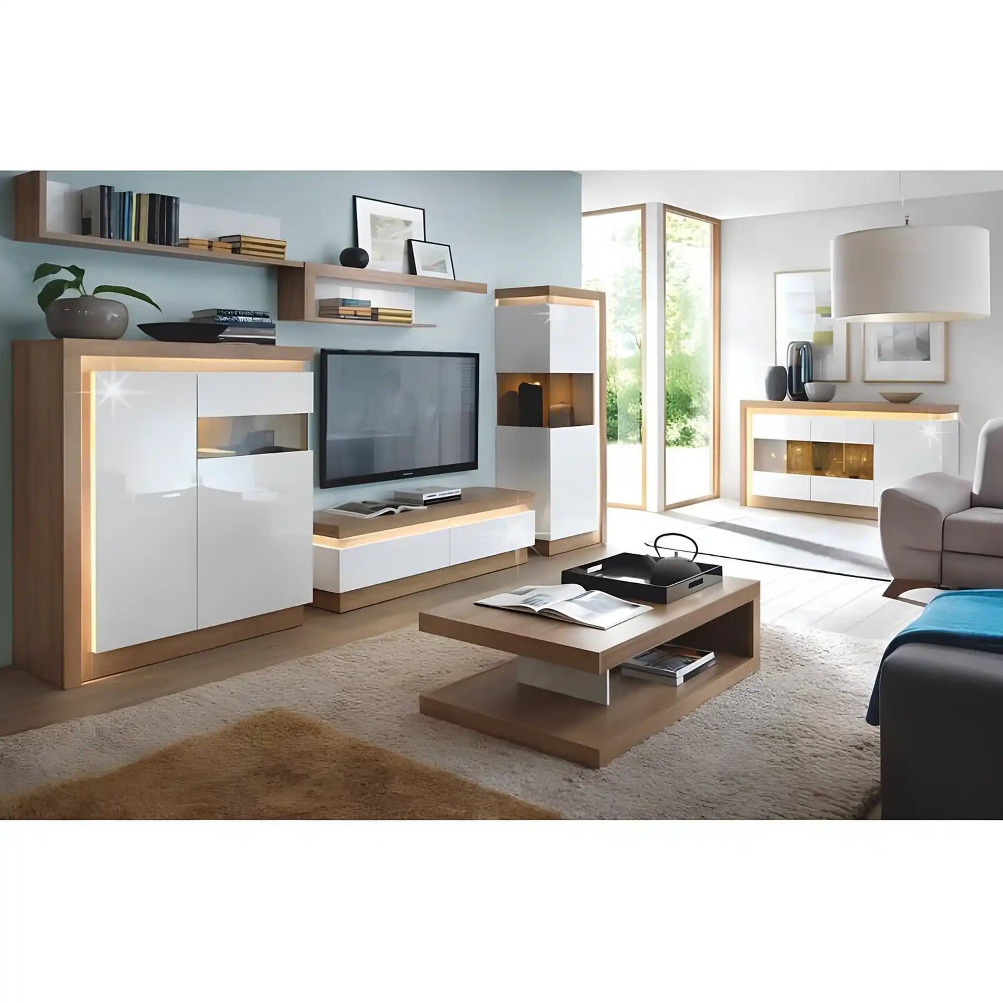 Comoda LEONARDO LYOV04L, DTD laminat, stejar riviera/alb lucios, 107x42x124 cm