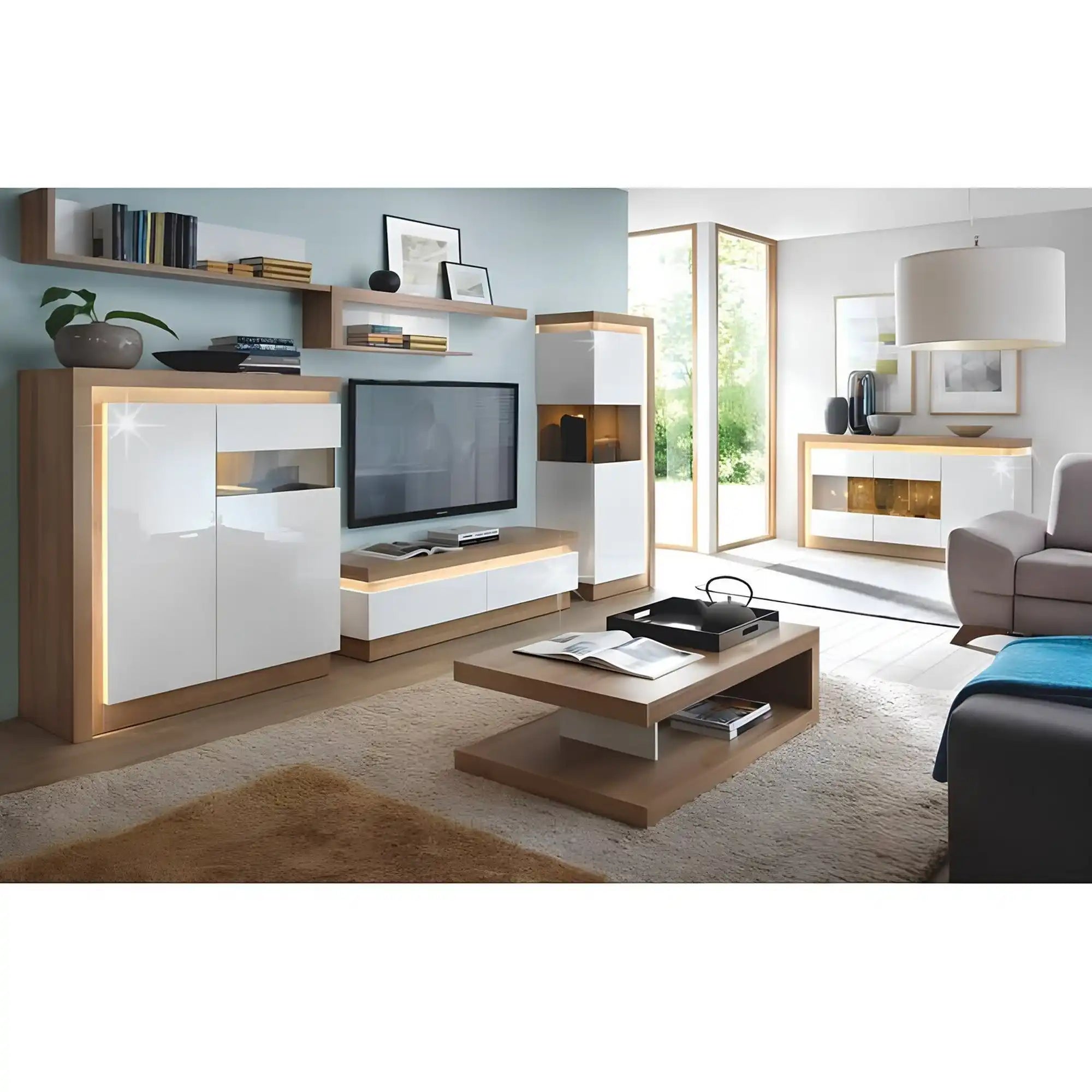 Comoda LEONARDO LYOV04P, stejar riviera/alb lucios, DTD laminat, 107x42x124 cm