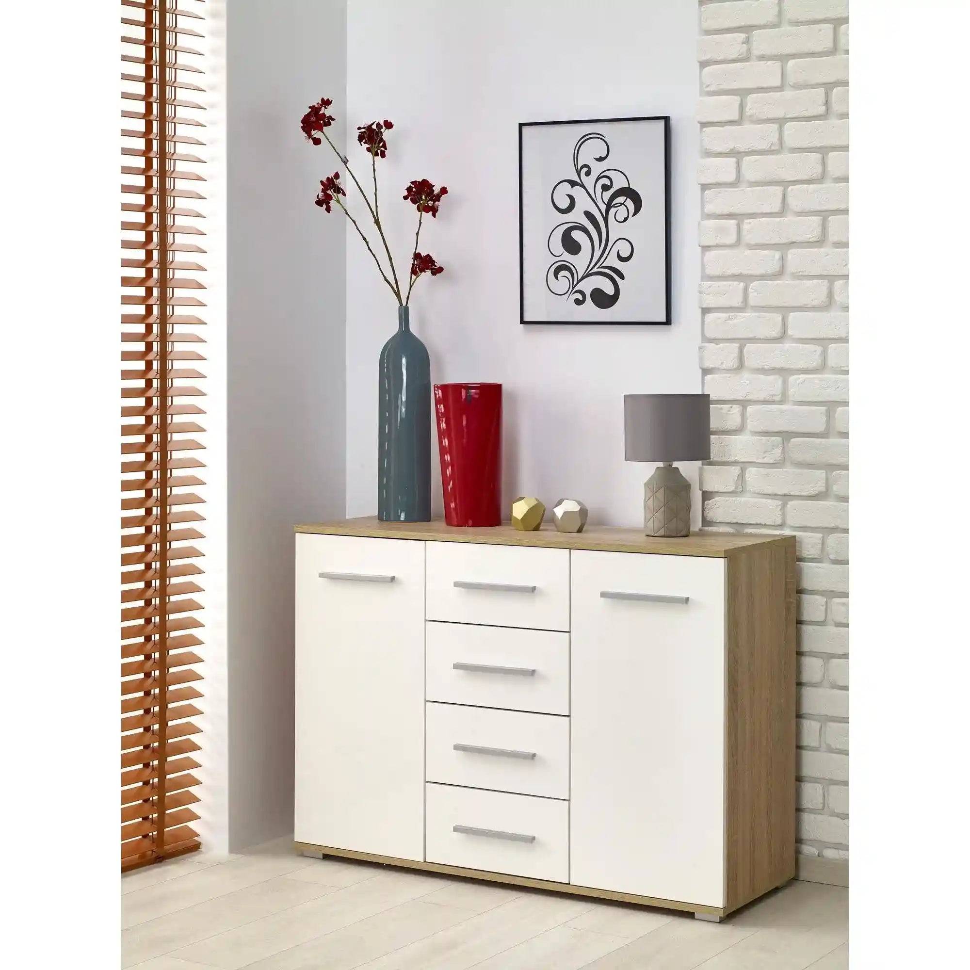 Comoda LIMA KM4, alb/stejar sonoma, PAL, 116x40x82 cm