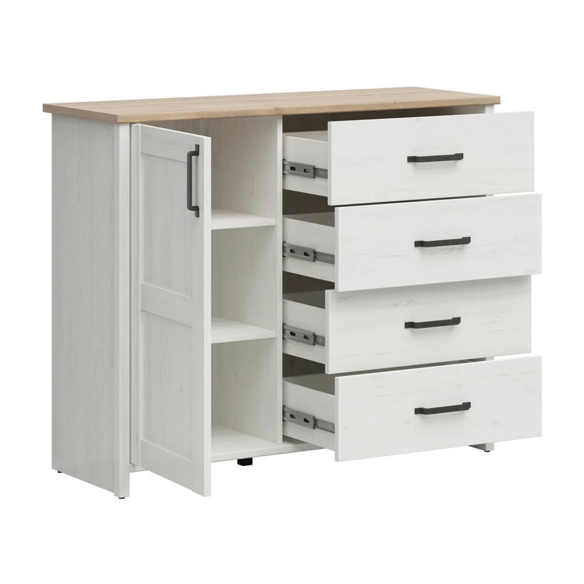 Comoda LOKSA, pin alb/stejar gandson, PAL laminat, 120x43x99 cm