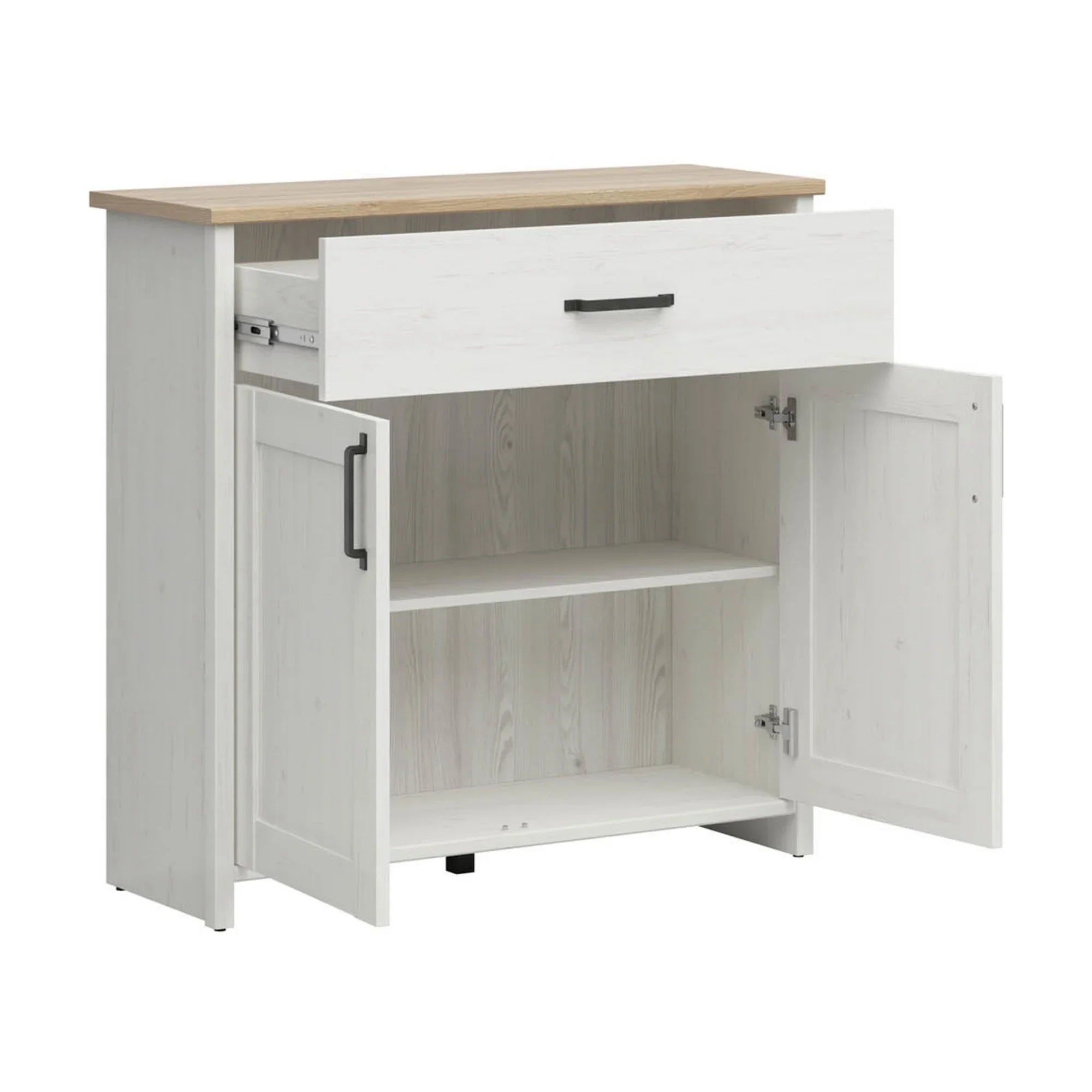 Comoda LOKSA, pin alb/stejar grandson, PAL laminat, 102x38x99 cm