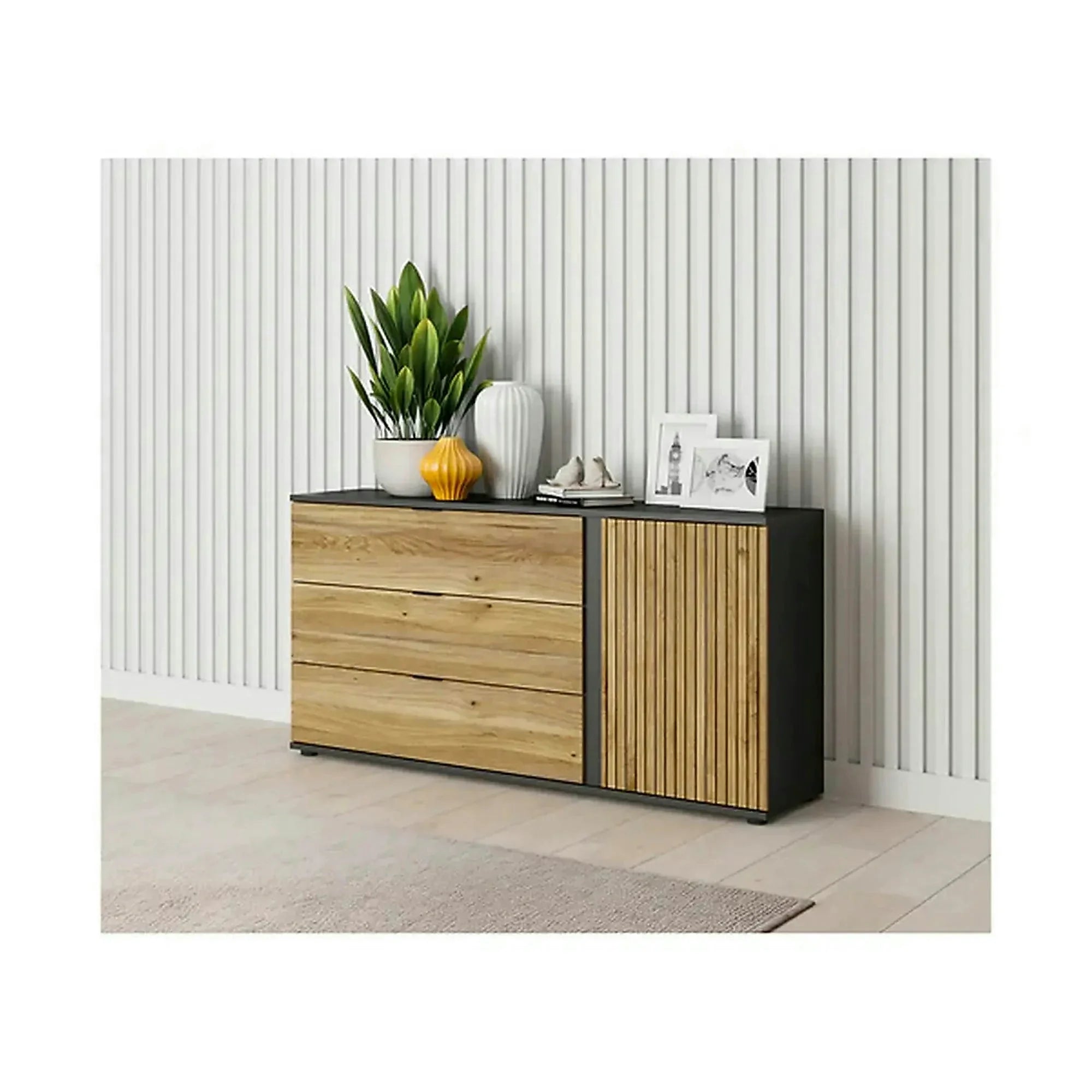 Comoda LUEN, stejar/negru, PAL laminat, 144x40x77 cm