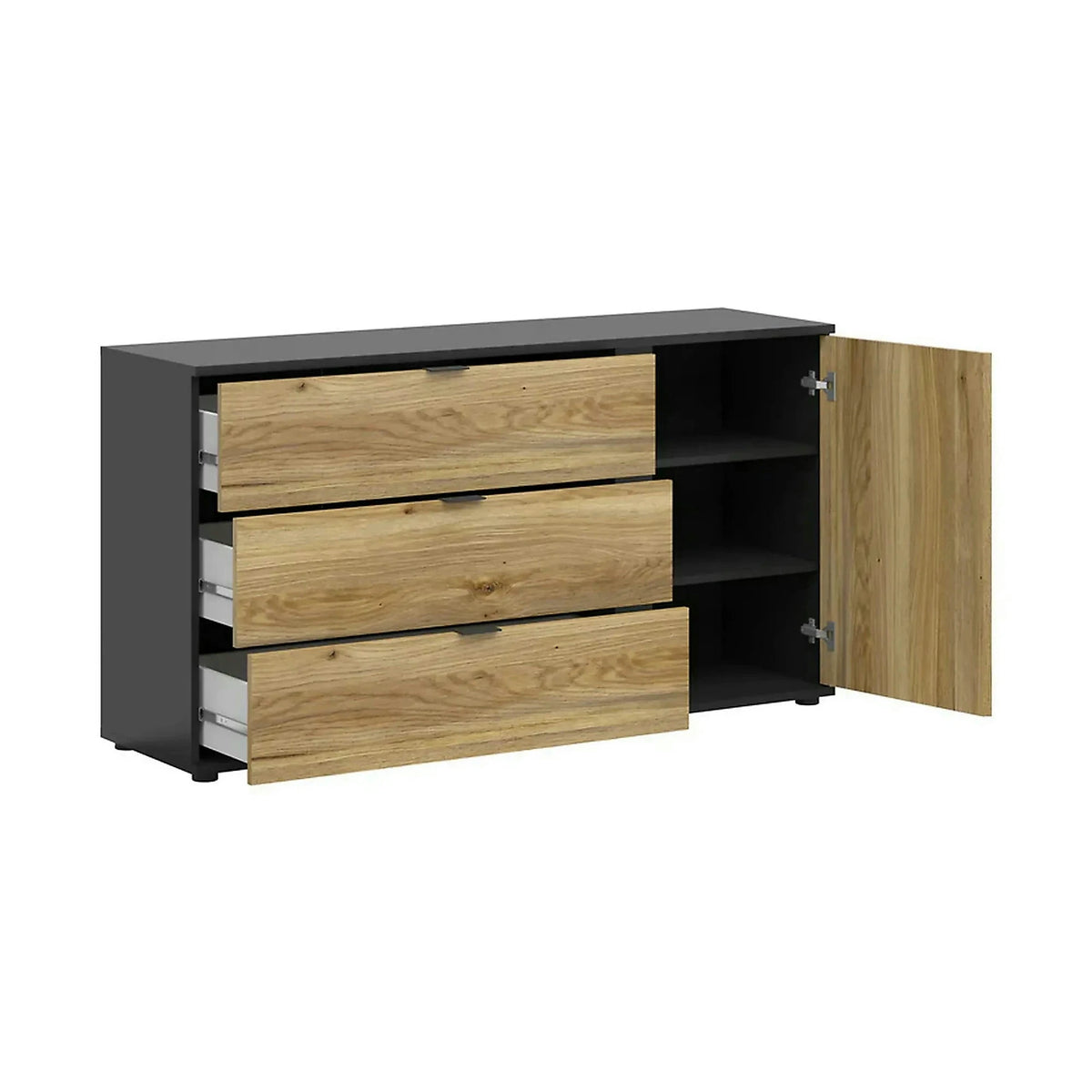 Comoda LUEN, stejar/negru, PAL laminat, 144x40x77 cm