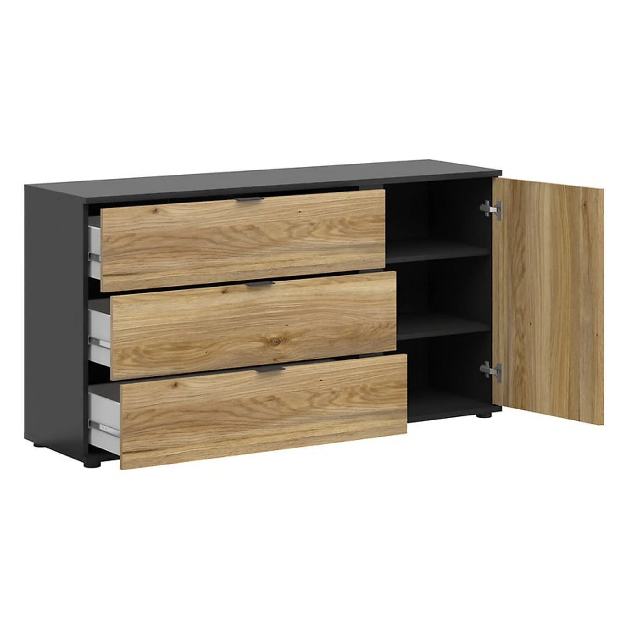 Comoda LUEN, stejar/negru, PAL laminat, 144x40x77 cm