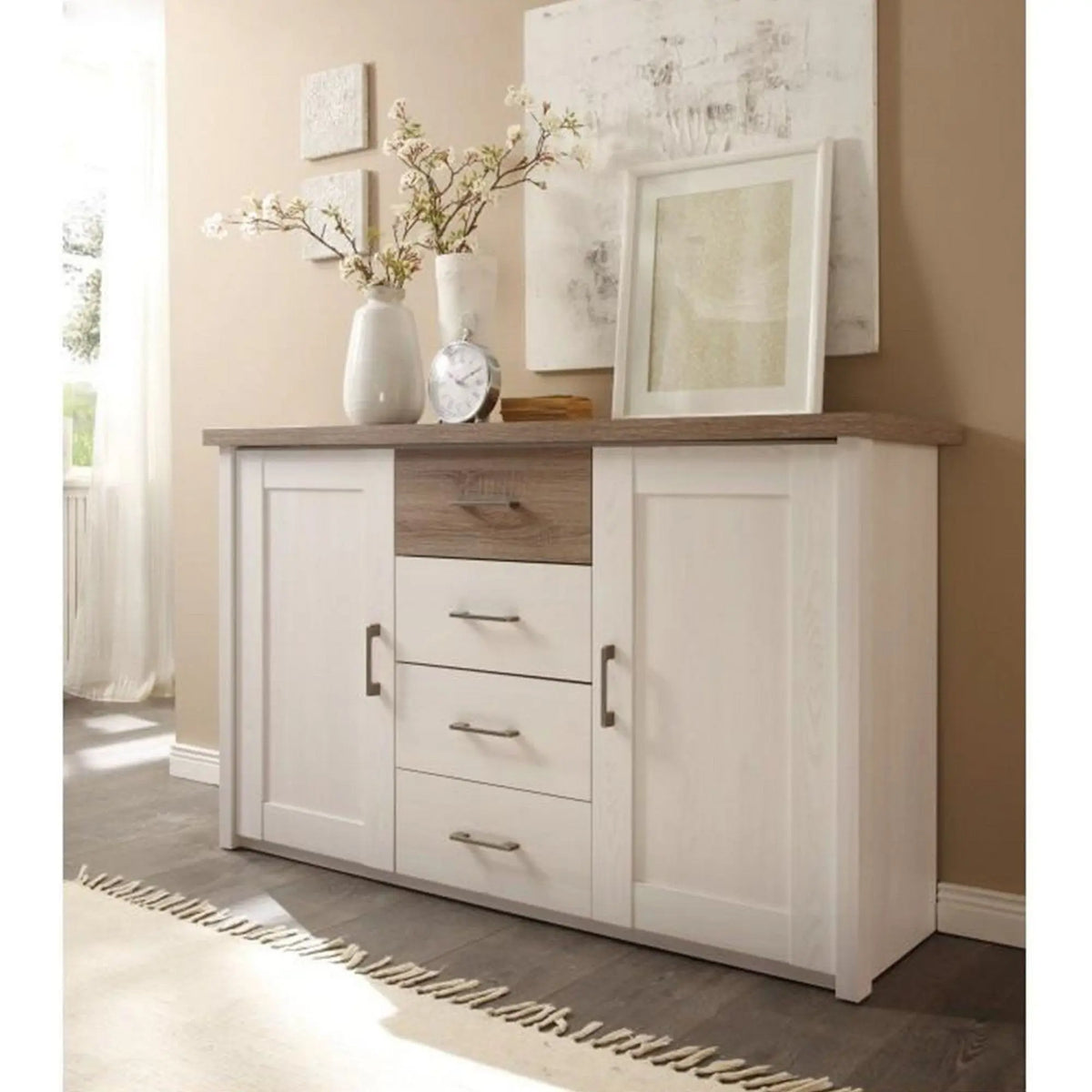 Comoda LUMERA, stejar trufa/pin alb, DTD laminat, 150x42x90 cm