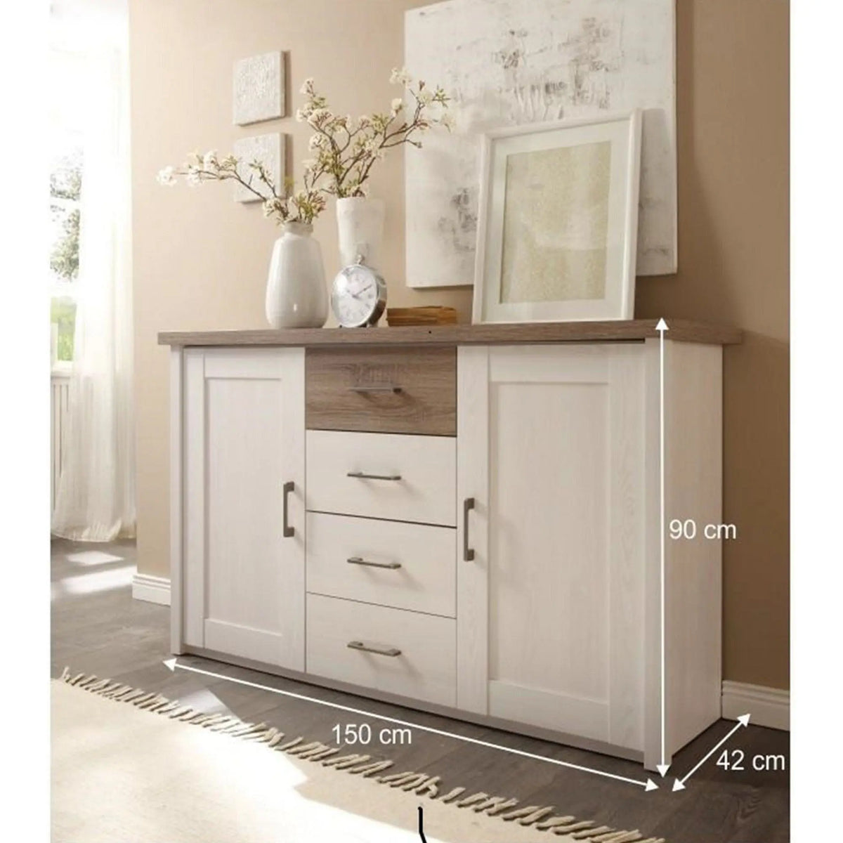 Comoda LUMERA, stejar trufa/pin alb, DTD laminat, 150x42x90 cm