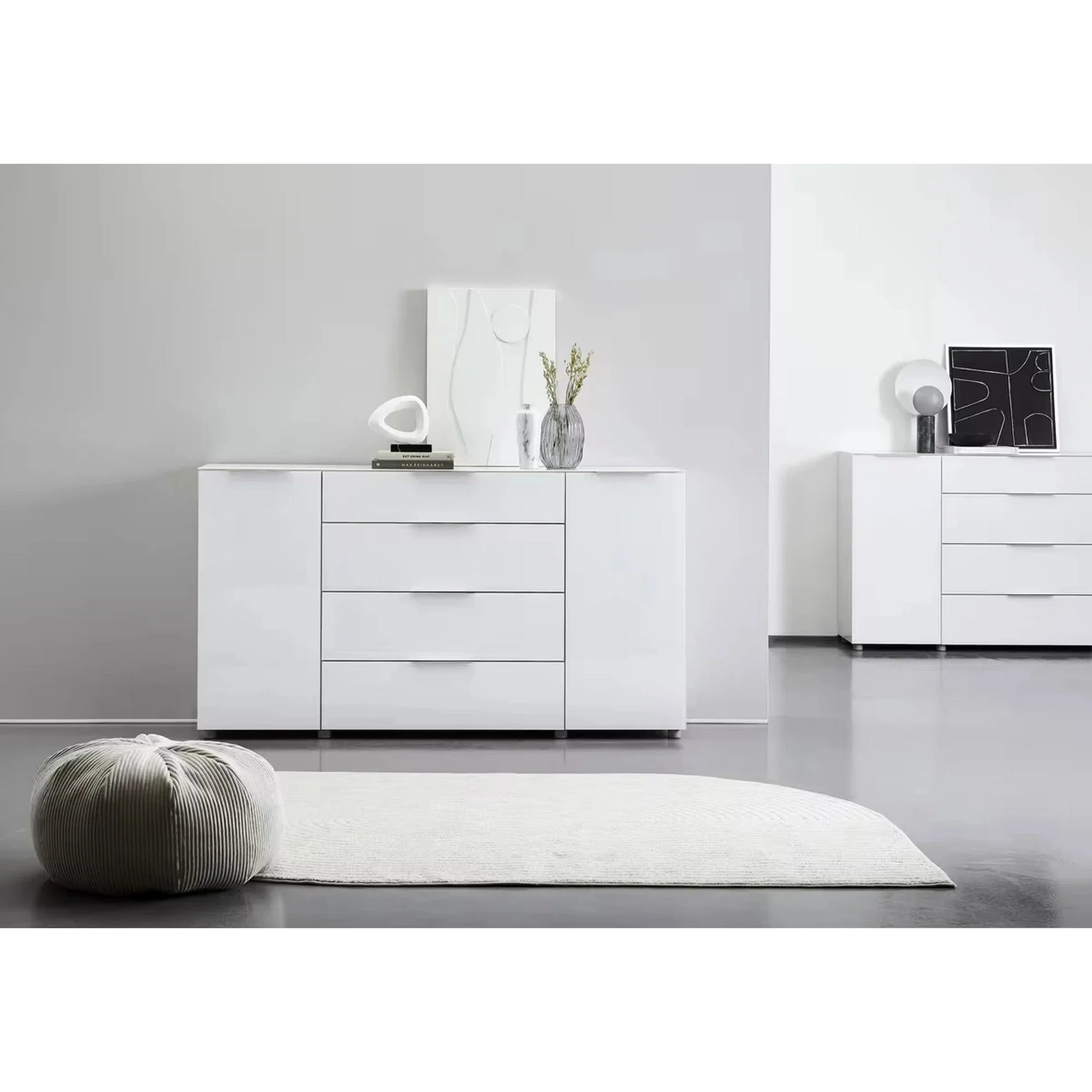 Comoda MALIN, alb lucios/alb, PAL/sticla, 181x40x101 cm