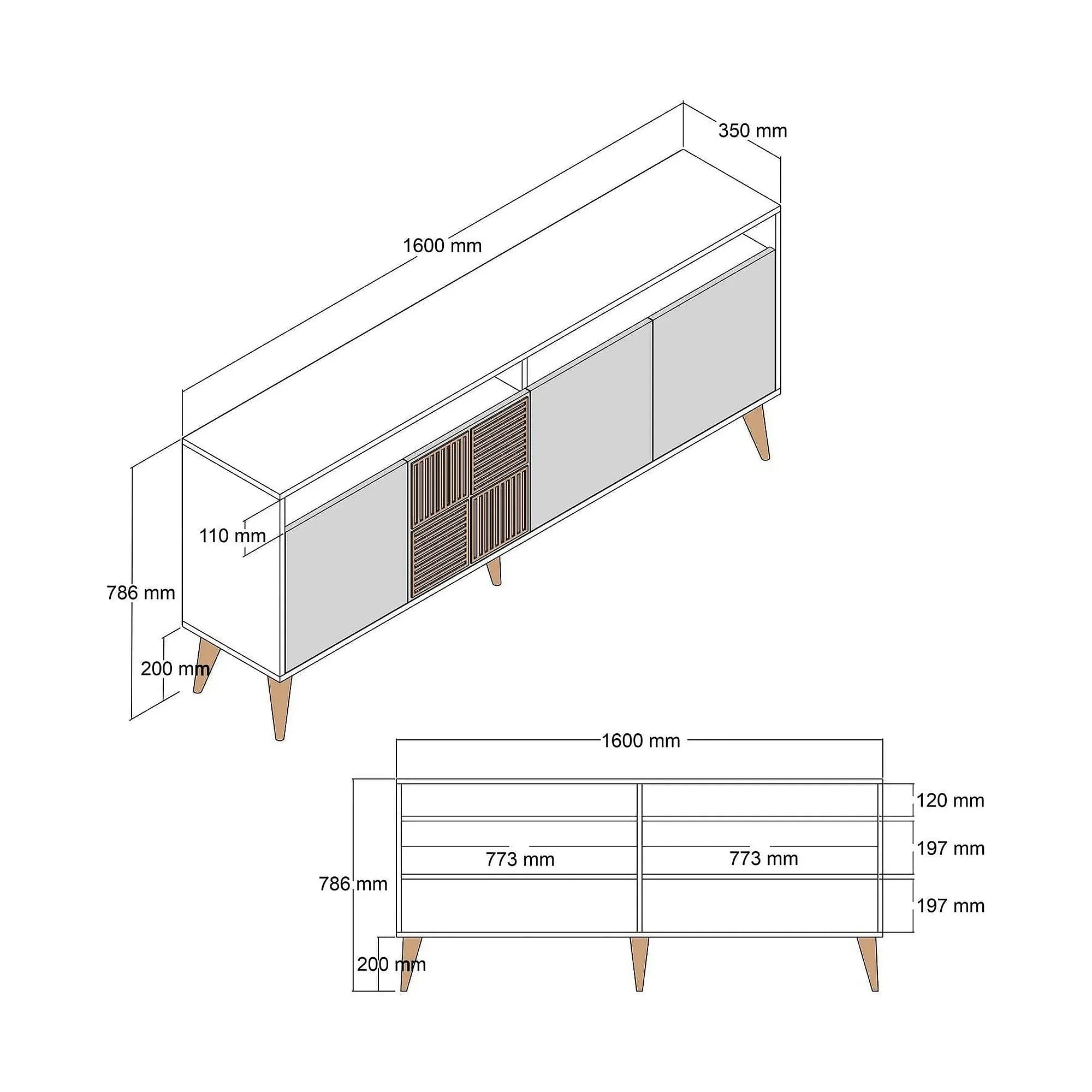 Comoda Milan, alb cu efect de marmura/nuc, PAL melaminat, 160x35x78 cm