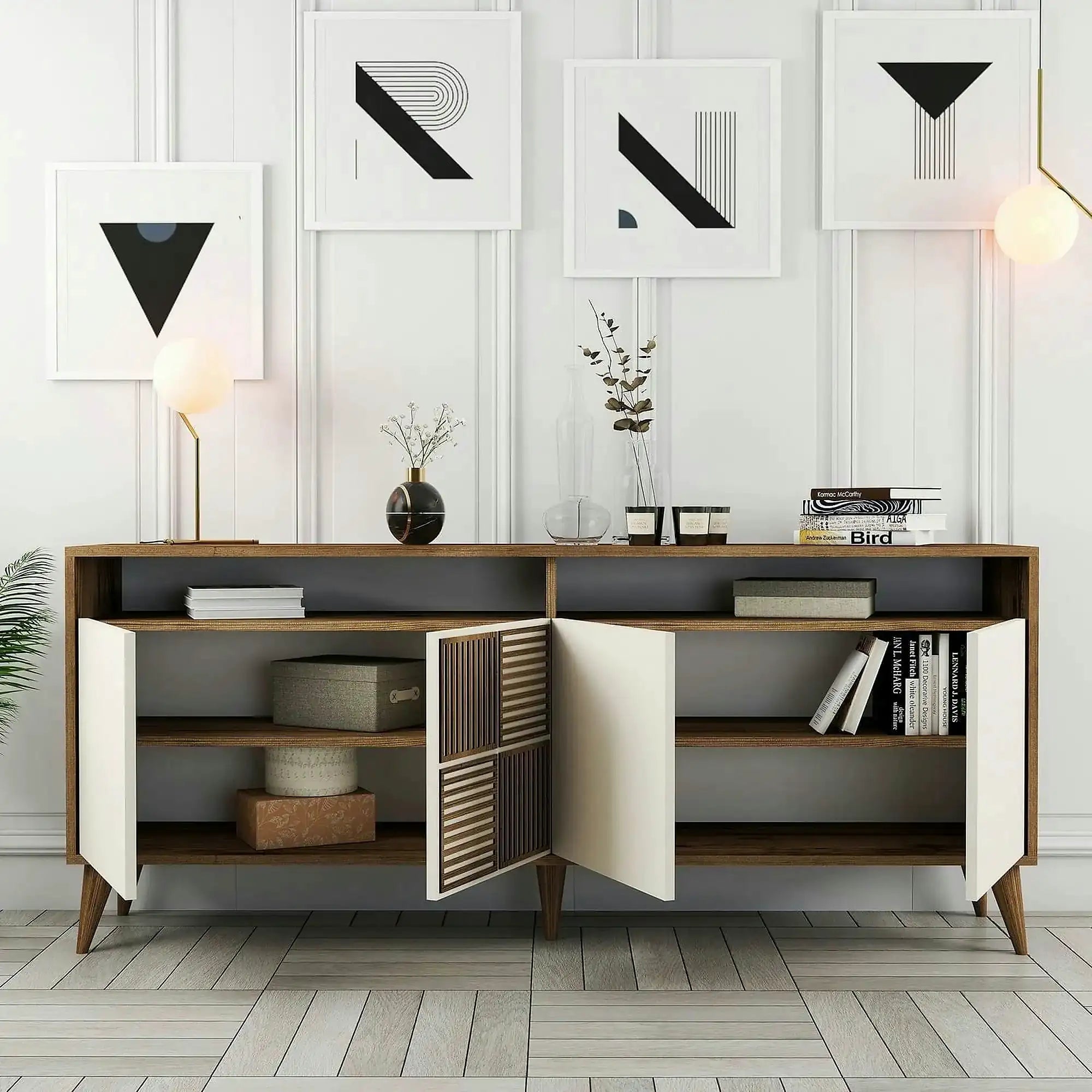 Comoda Milan, din PAL melaminat, alun/crem, 180x35x79 cm