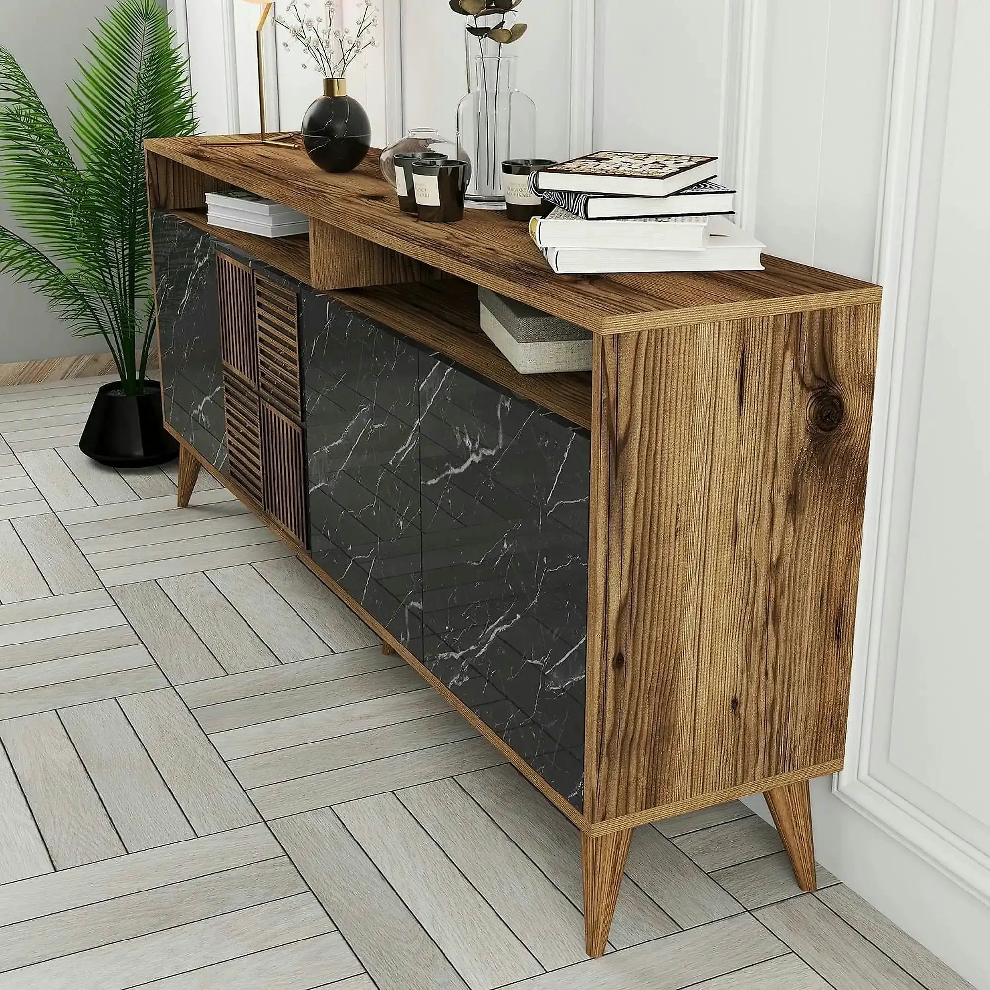 Comoda Milan, nuc/negru, PAL melaminat/plastic, 180x35x79 cm