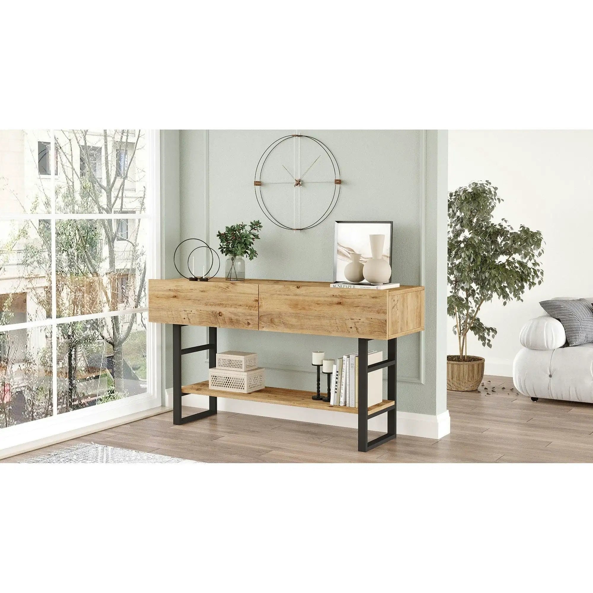 Comoda ML23-A, stejar/negru, PAL melaminat/metal, 139x43x76 cm