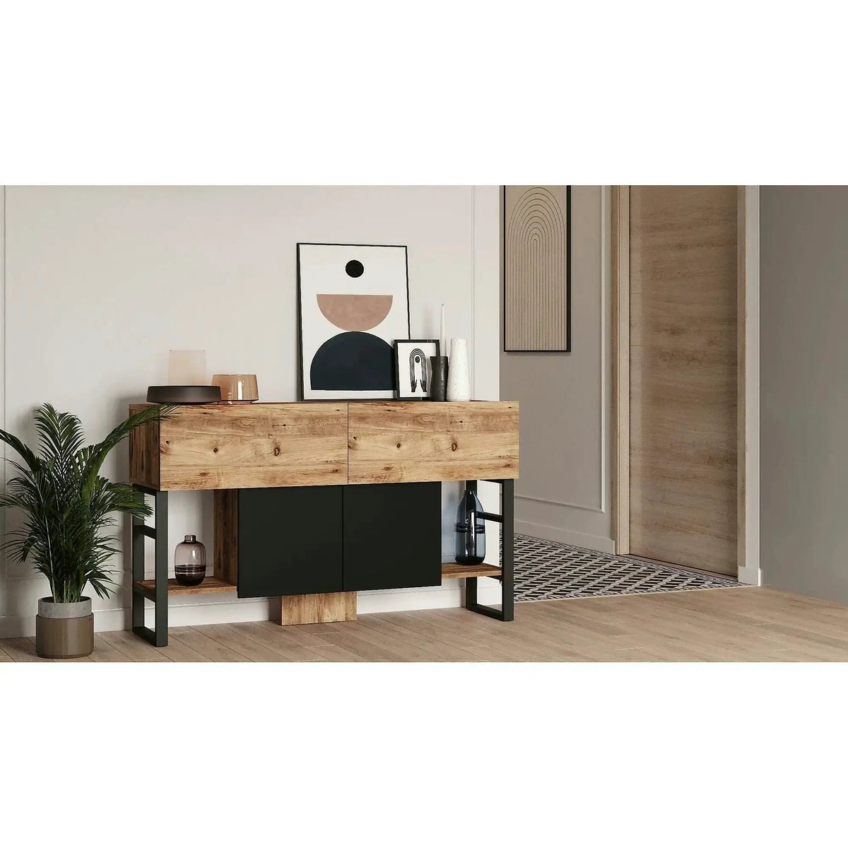 Comoda ML25 - A, pin atlantic/negru, PAL melaminat/metal, 139x43x84 cm