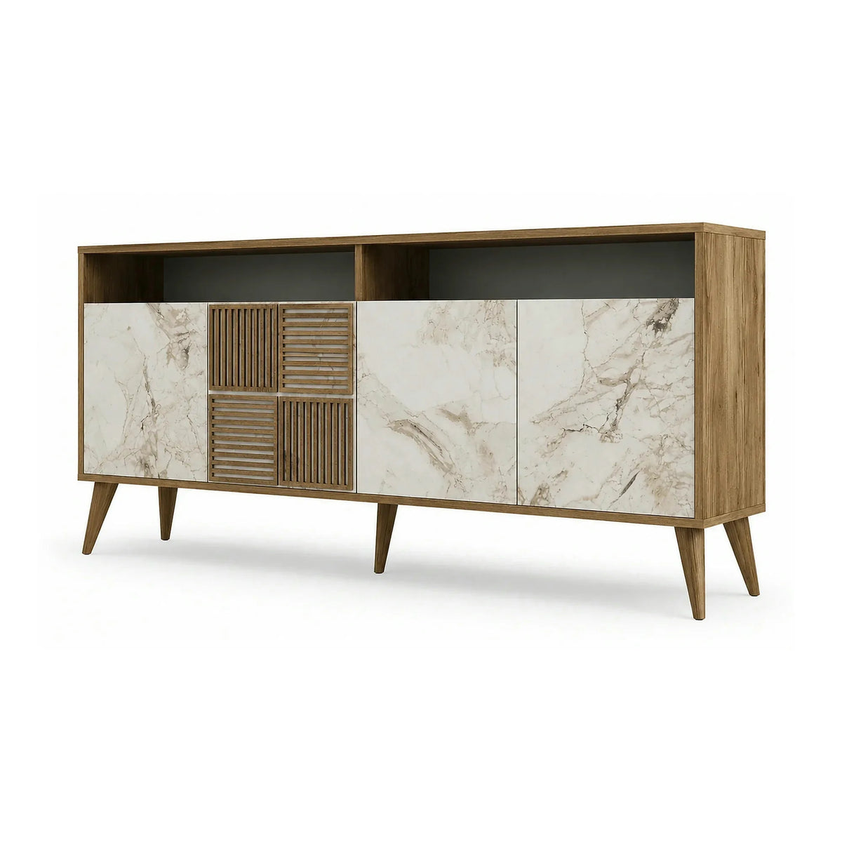 Comoda moderna living MILAN, alun/alb cu efect de marmura, PAL, 180x35x79 cm
