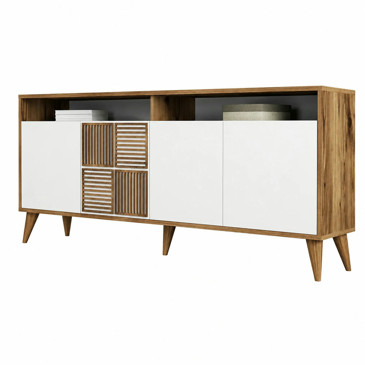 Comoda moderna living Milan, din PAL melaminat, alun/alb, 180x35x79 cm