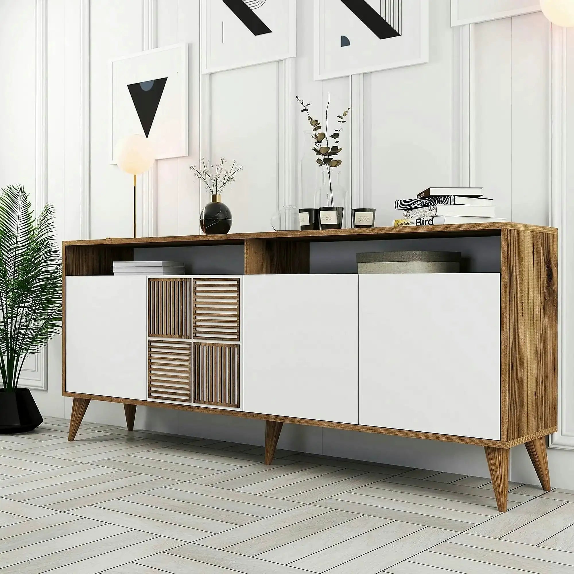 Comoda moderna living Milan, din PAL melaminat, alun/alb, 180x35x79 cm