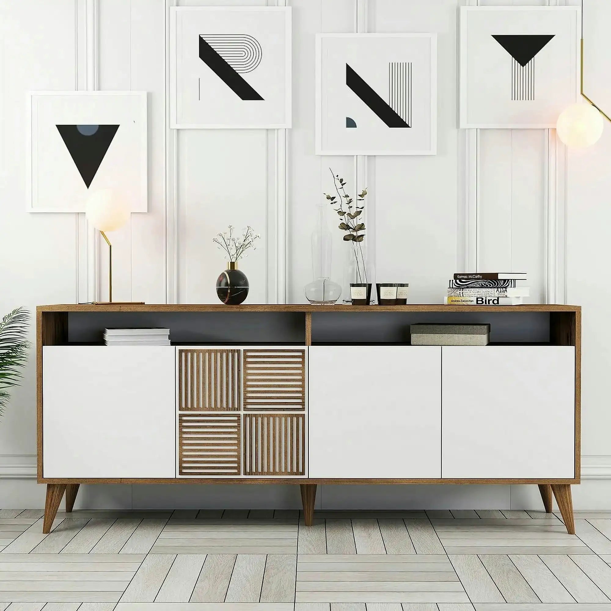 Comoda moderna living Milan, din PAL melaminat, alun/alb, 180x35x79 cm