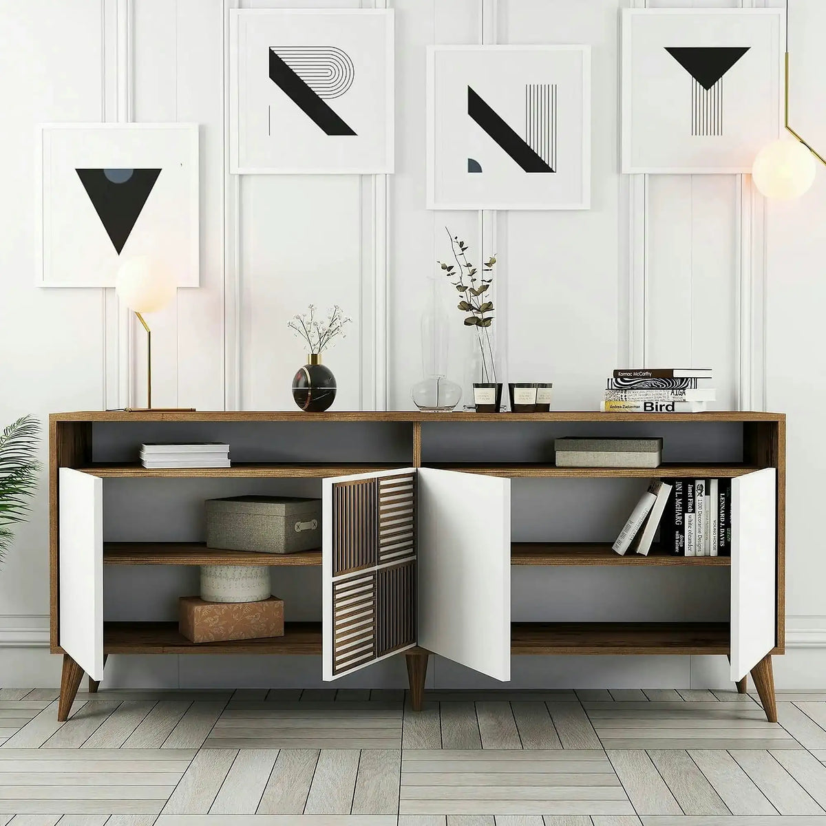 Comoda moderna living Milan, din PAL melaminat, alun/alb, 180x35x79 cm