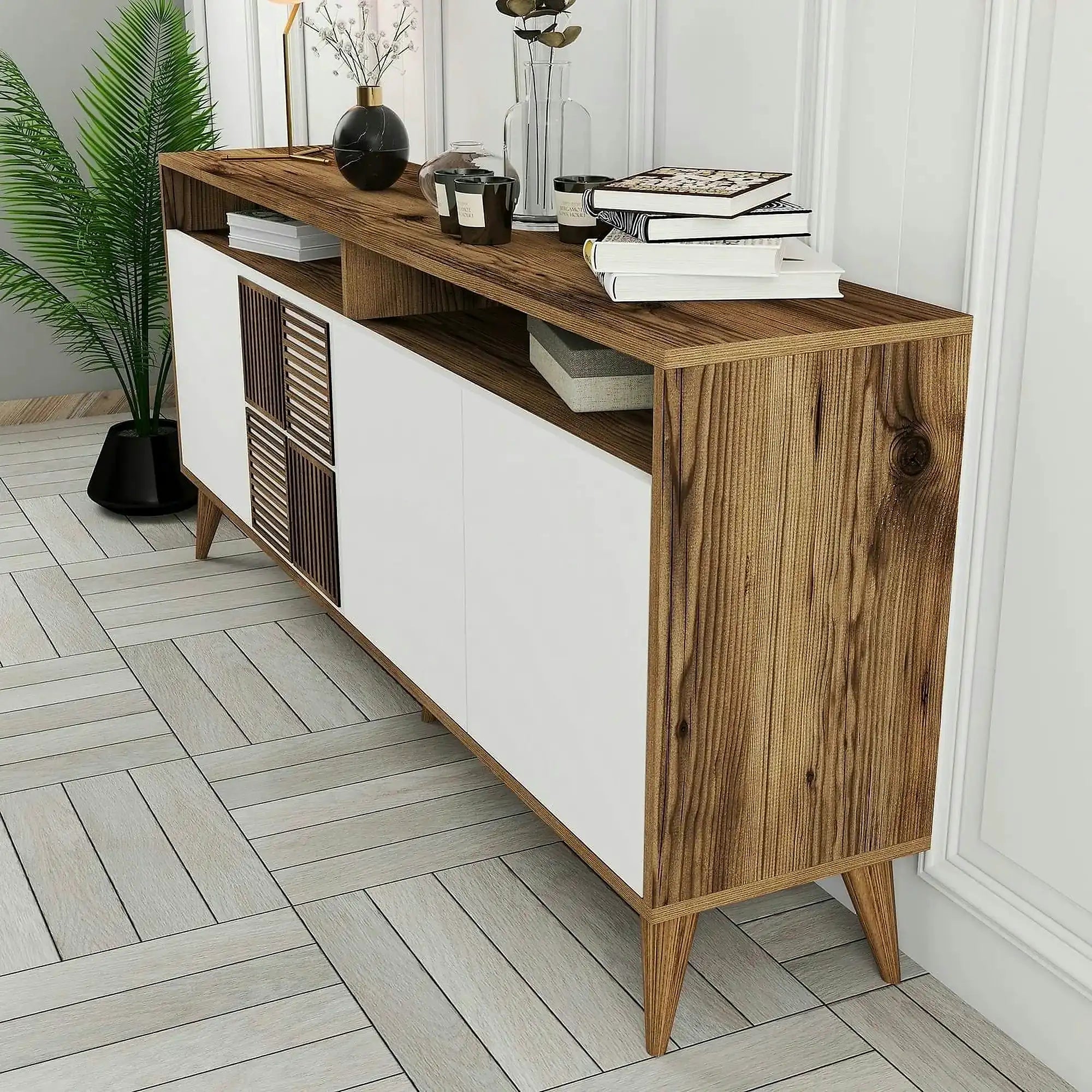Comoda moderna living Milan, din PAL melaminat, alun/alb, 180x35x79 cm