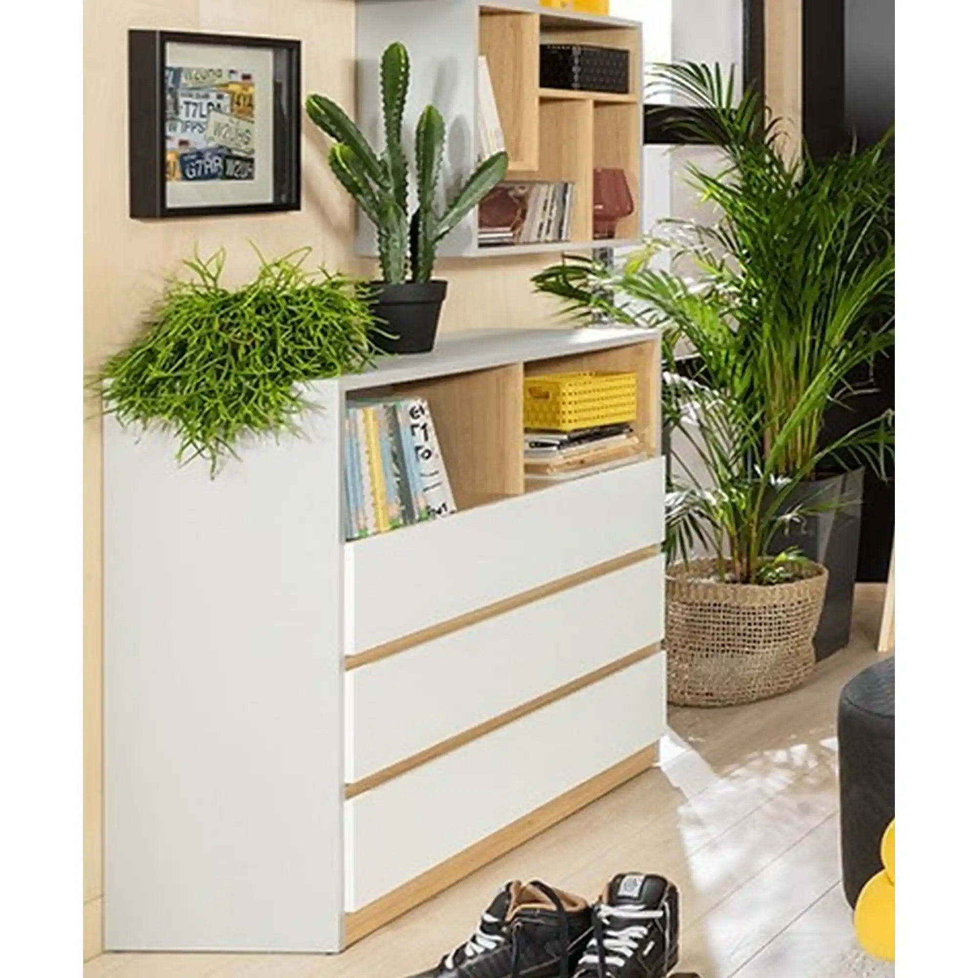 Comoda NANDU, alb lucios/stejar, PAL laminat, 93x39x91 cm