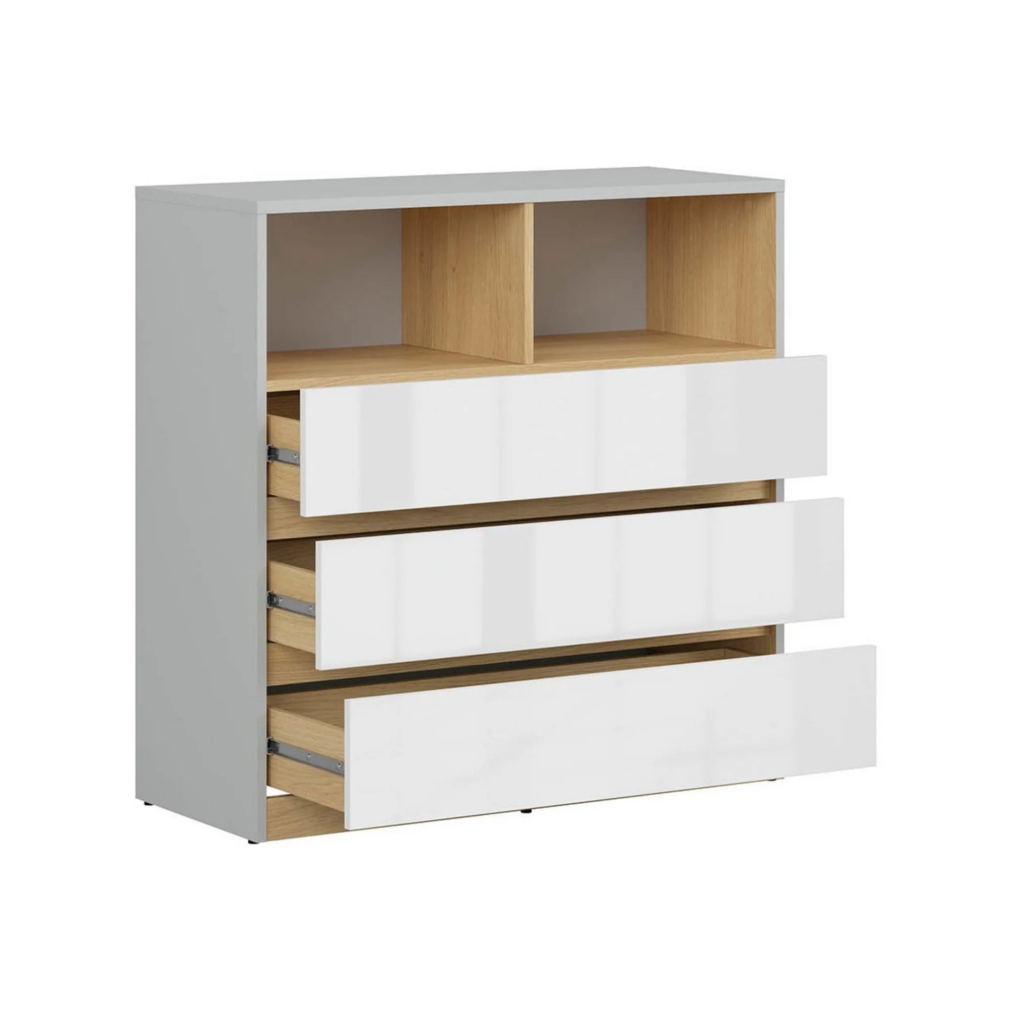 Comoda NANDU, alb lucios/stejar, PAL laminat, 93x39x91 cm