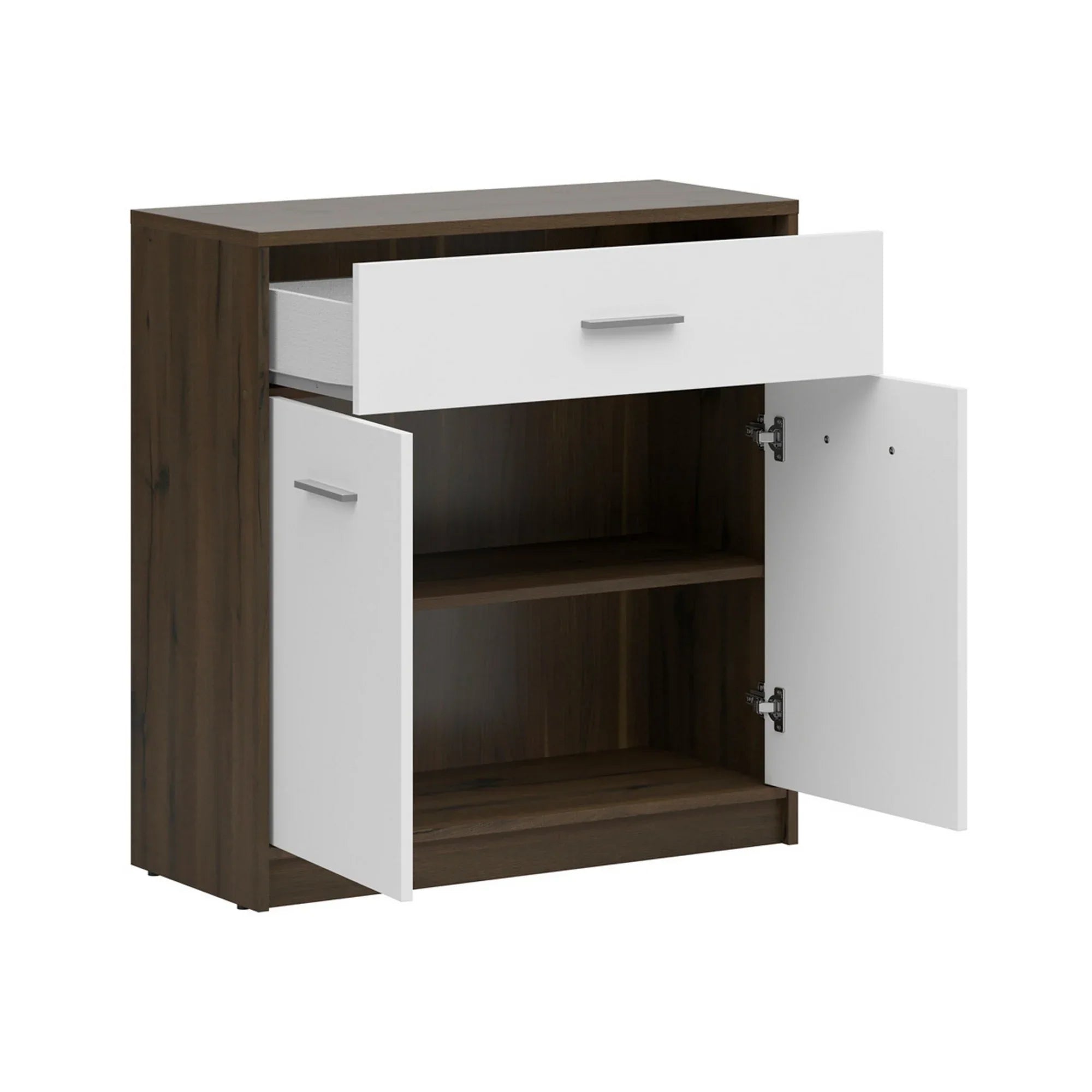 Comoda NEPO PLUS, stejar nobil/alb, PAL laminat, cu 2 usi si un sertar, 80x34x84 cm