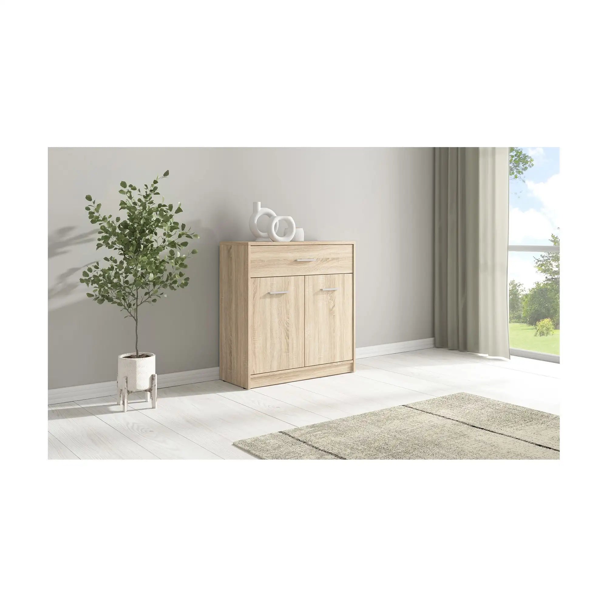 Comoda NEPO PLUS, stejar sonoma, PAL laminat, cu 2 usi si un sertar, 80x34x84 cm