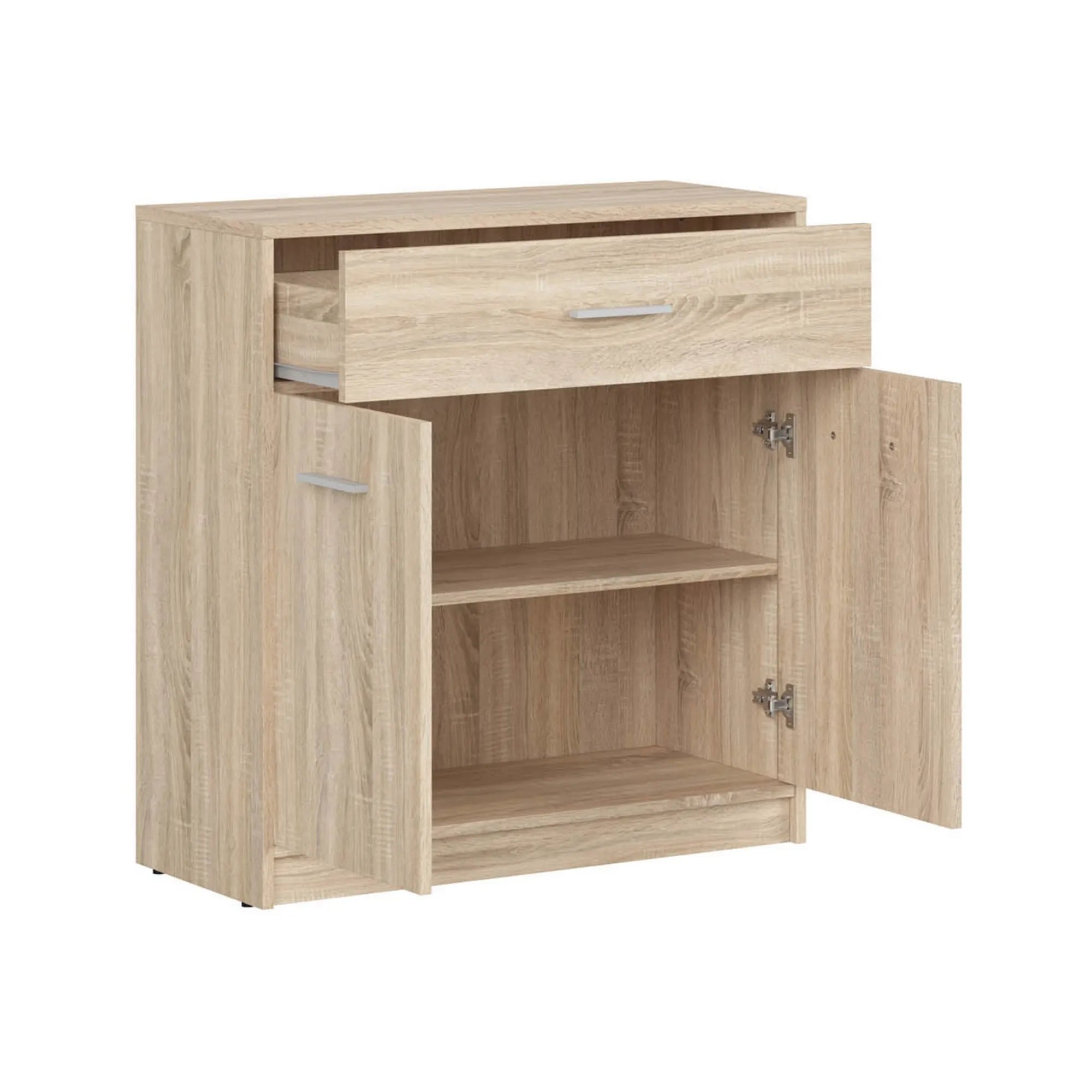 Comoda NEPO PLUS, stejar sonoma, PAL laminat, cu 2 usi si un sertar, 80x34x84 cm