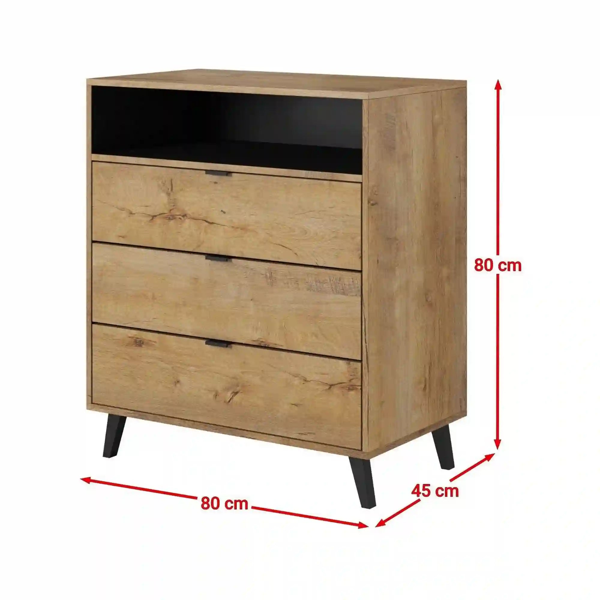 Comoda NEST KM-2, stejar/negru, PAL furniruit/sticla, 80x45x80 cm