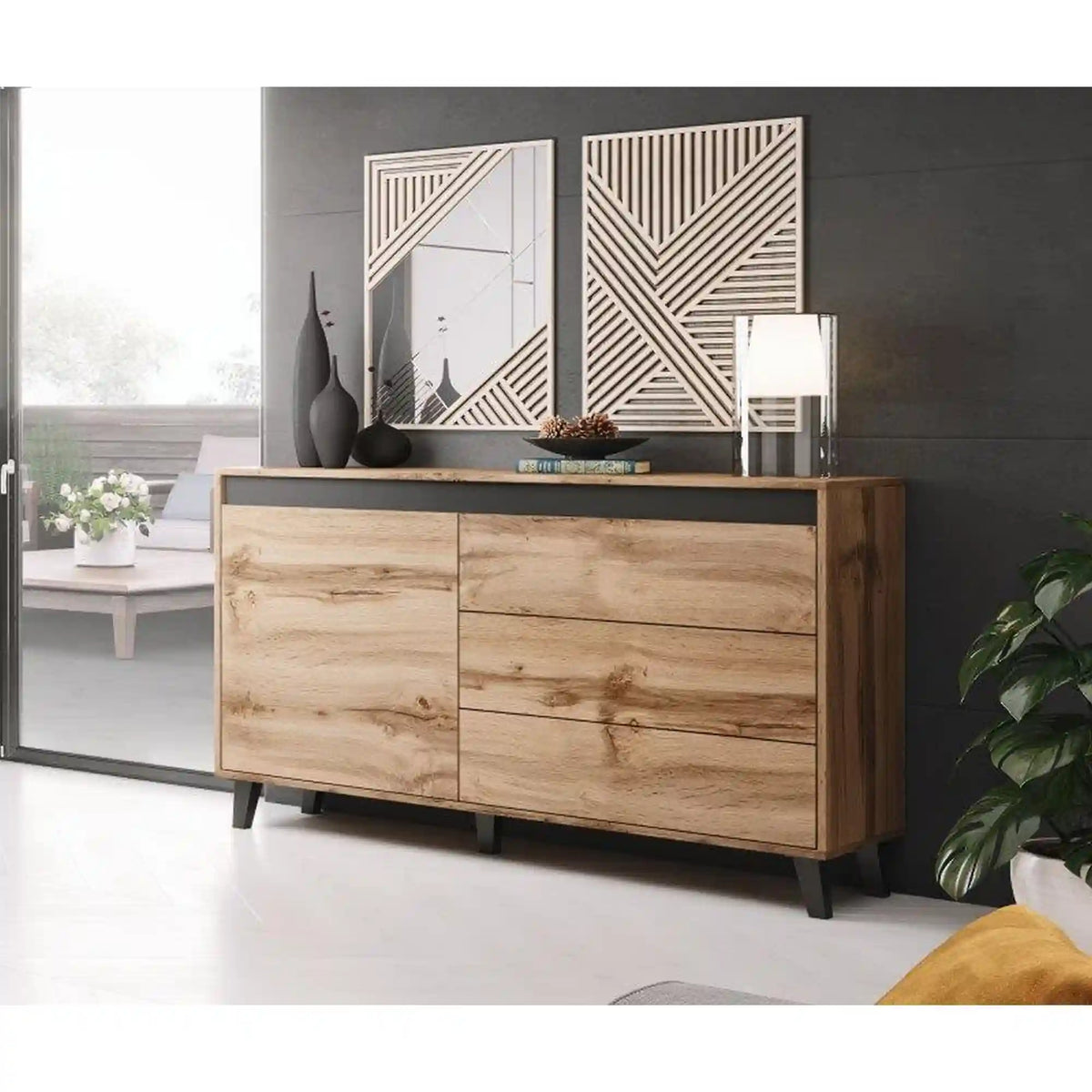 Comoda NORD, stejar wotan/gri antracit, PAL laminat, 138x38x83 cm