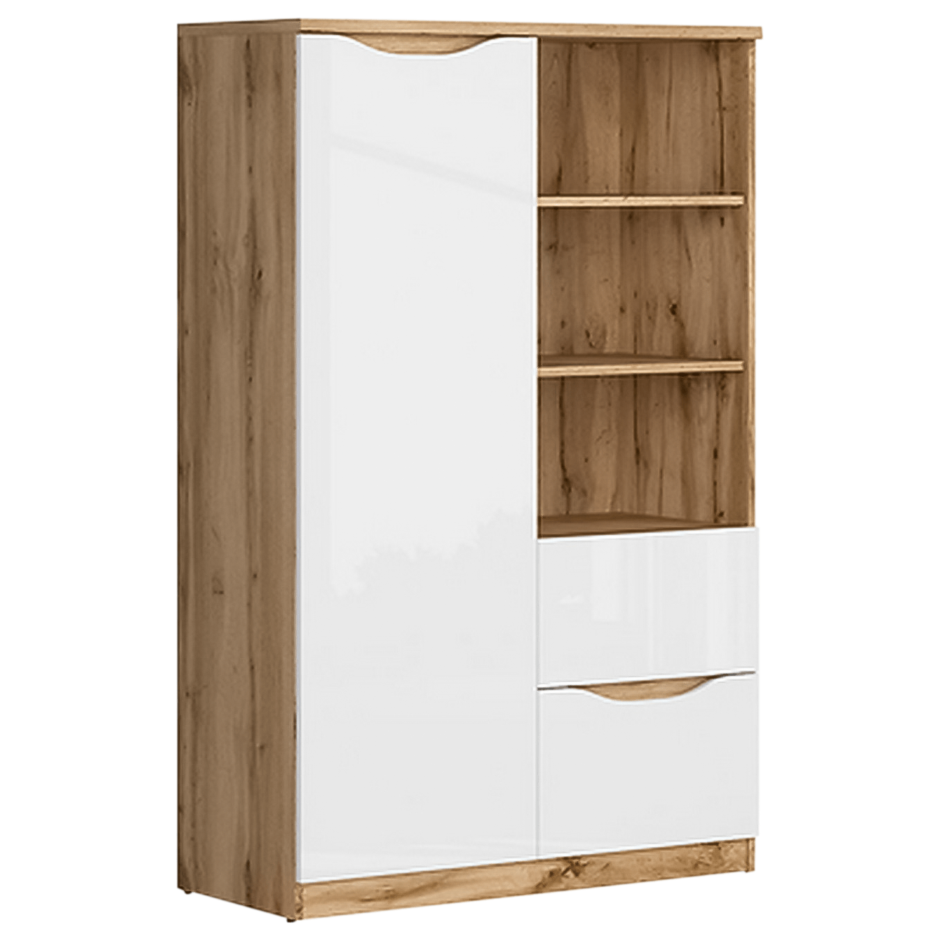 Comoda NUIS, stejar/alb lucios, 90x40x148 cm