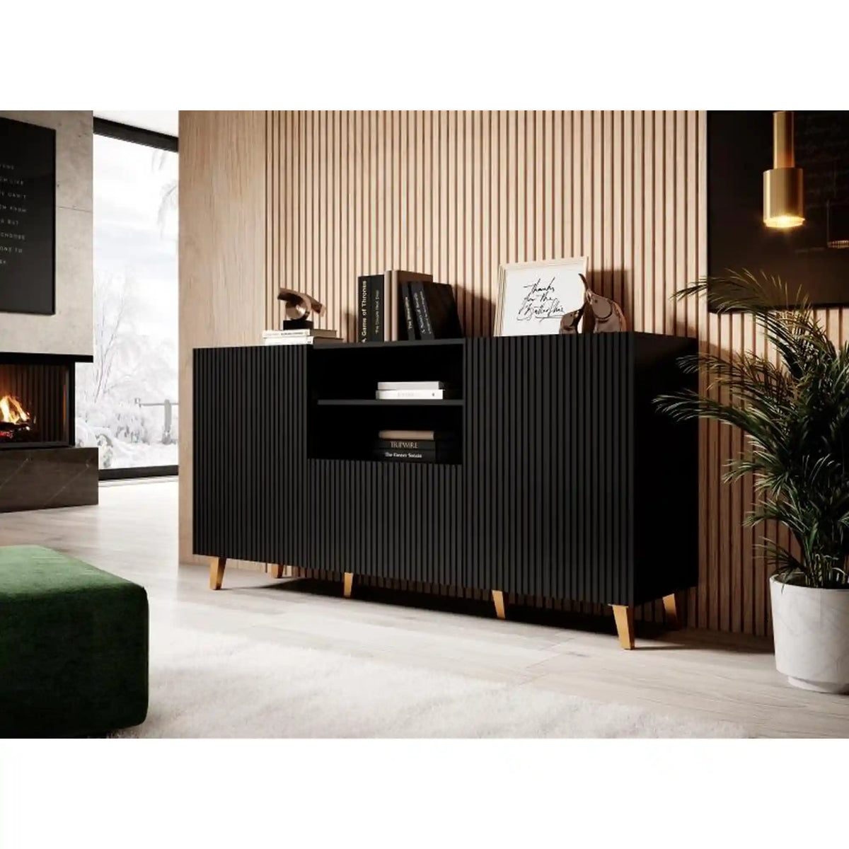 Comoda PAFOS, negru, PAL laminat, 150x40x82 cm