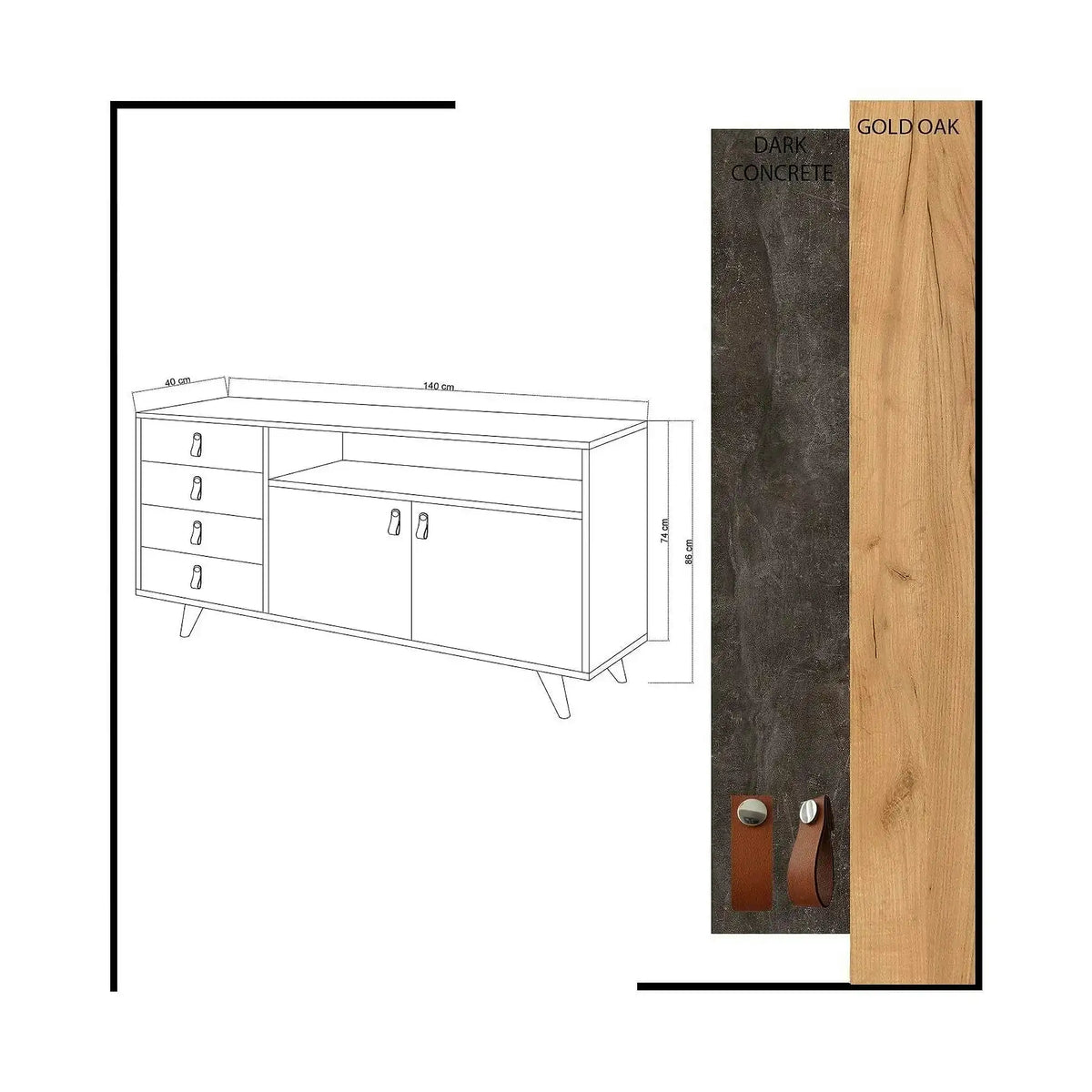 Comoda Pagina, stejar/gri ciment inchis, PAL melaminat, 140x40x86 cm