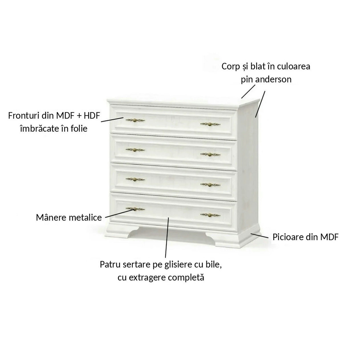 Comoda pin alb anderson IRYS, PAL laminat, cu 4 sertare, 93x39x89 cm